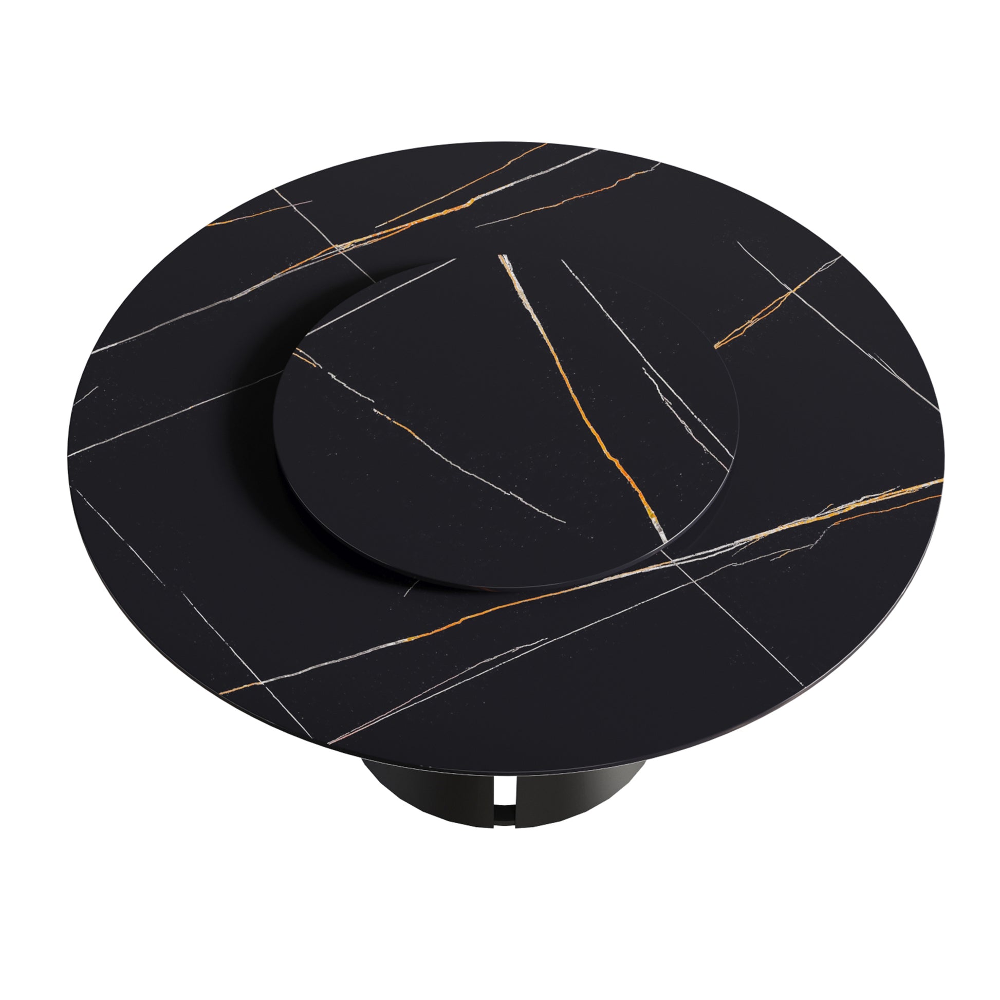 59.05"Modern Artificial Stone Round Black Carbon Steel Base Dining Table Can Accommodate 6 People 31.5"Black Artificial Stone Turntable Black Metal Sintered Stone