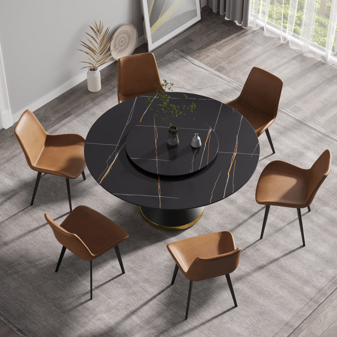 59.05"Modern Artificial Stone Round Black Carbon Steel Base Dining Table Can Accommodate 6 People 31.5"Black Artificial Stone Turntable Black Metal Marble