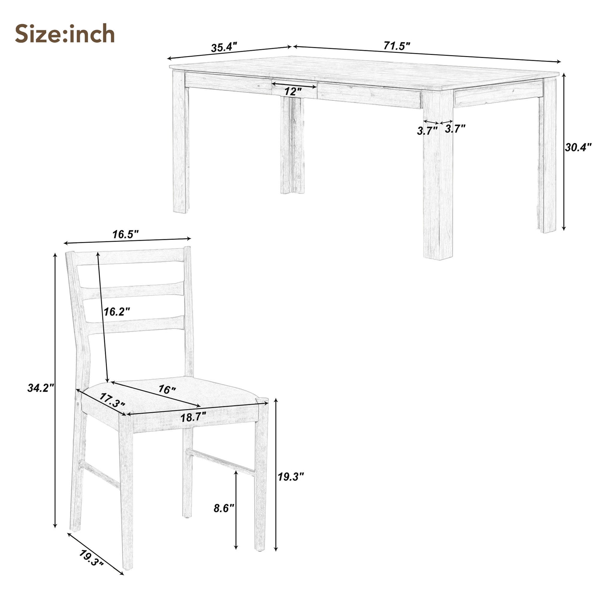 7 Piece Wooden Dining Table Set Mutifunctional Extendable Table With 12" Leaf And 2 Drawers, 6 Dining Chairs With Soft Cushion Brown White Brown White Solid Wood