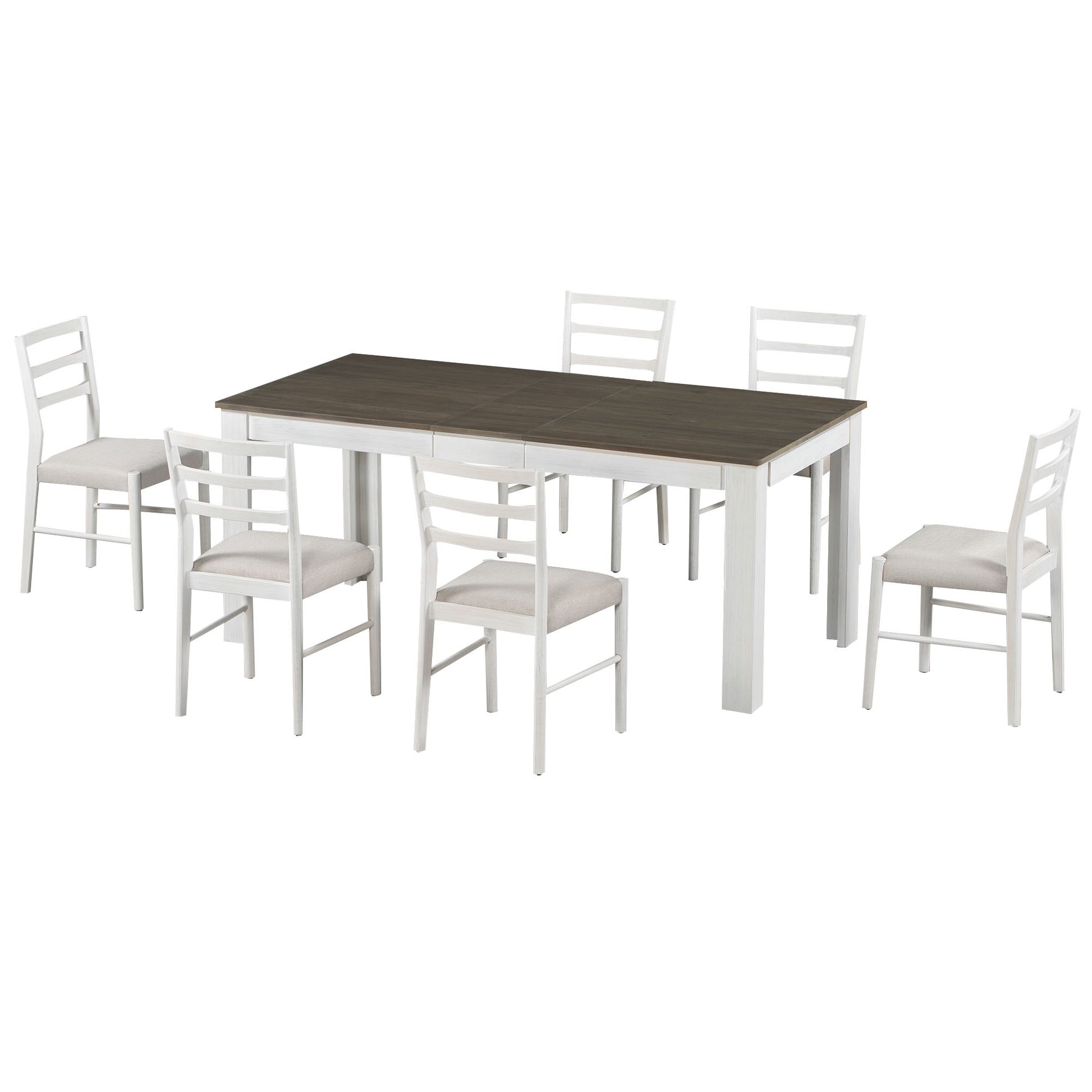 7 Piece Wooden Dining Table Set Mutifunctional Extendable Table With 12" Leaf And 2 Drawers, 6 Dining Chairs With Soft Cushion Brown White Brown White Solid Wood