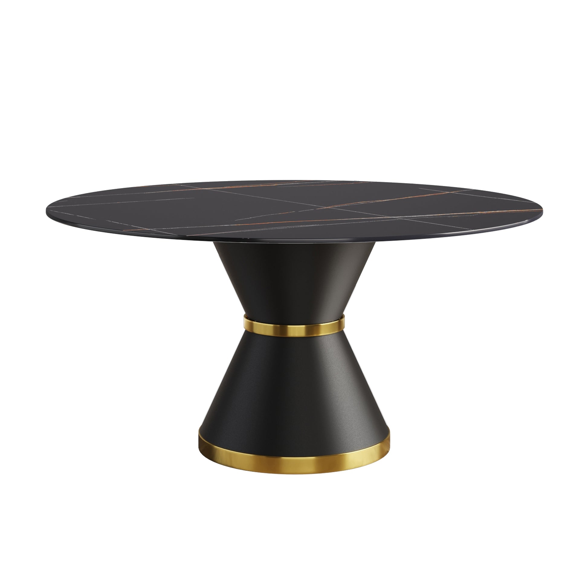 59.05"Modern Artificial Stone Round Black Carbon Steel Base Dining Table Can Accommodate 6 People Black Metal Sintered Stone