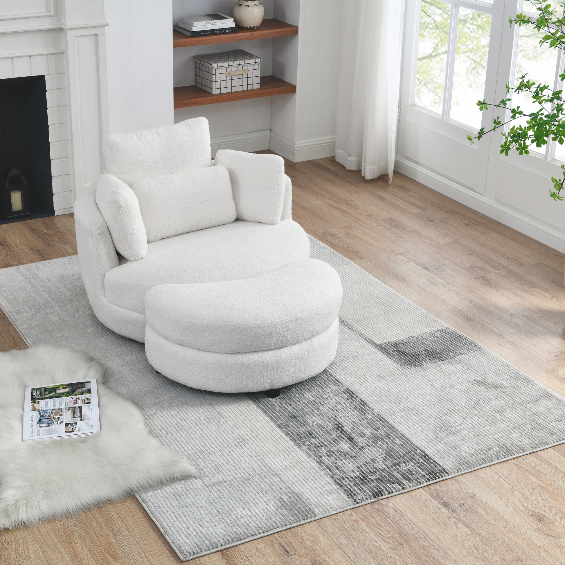 39"W Oversized Swivel Chair With Moon Storage Ottoman For Living Room, Modern Accent Round Loveseat Circle Swivel Barrel Chairs For Bedroom Cuddle Sofa Chair Lounger Armchair, 4 Pillows, Teddy Fabric Ivory Foam Fabric