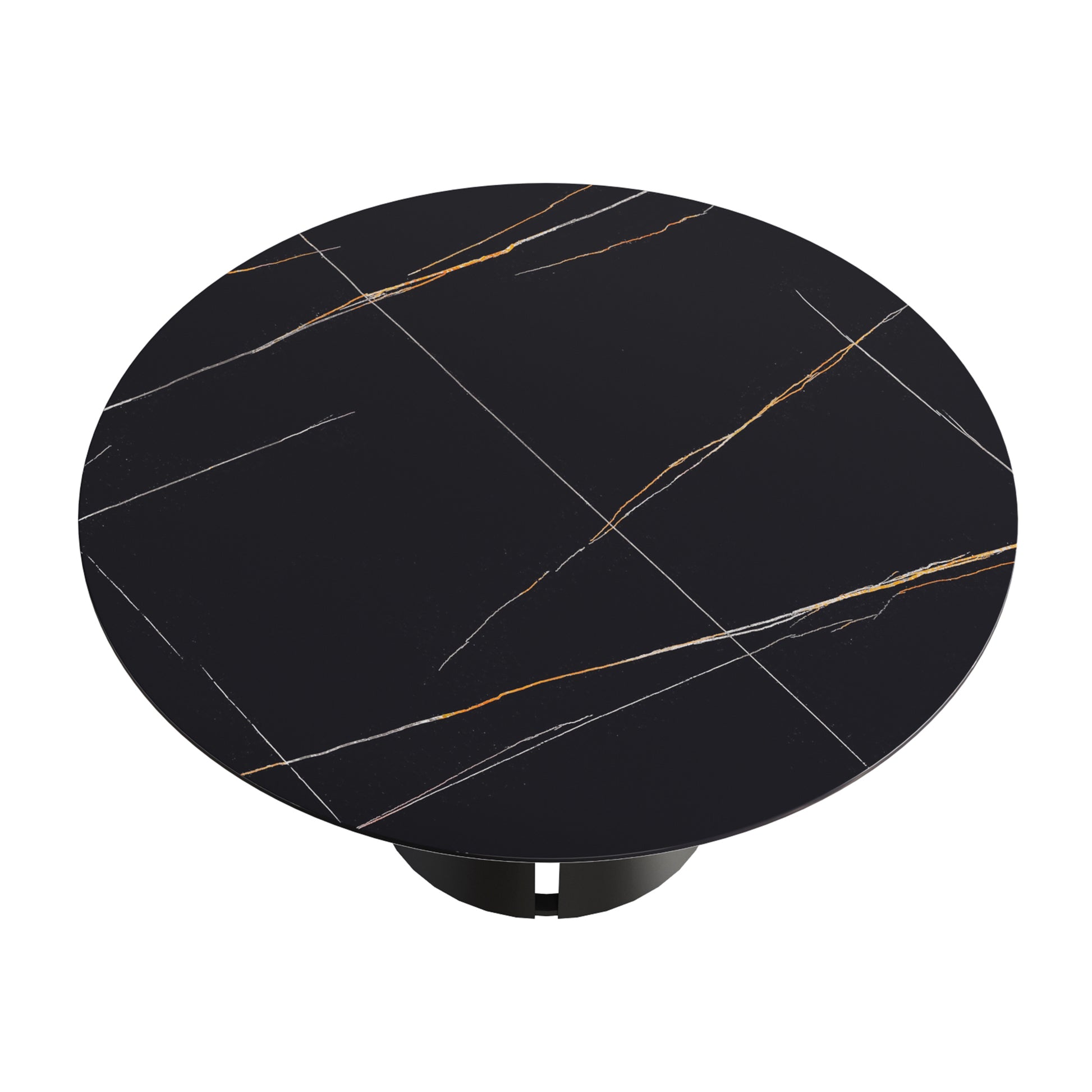 59.05"Modern Artificial Stone Round Black Carbon Steel Base Dining Table Can Accommodate 6 People Black Metal Sintered Stone