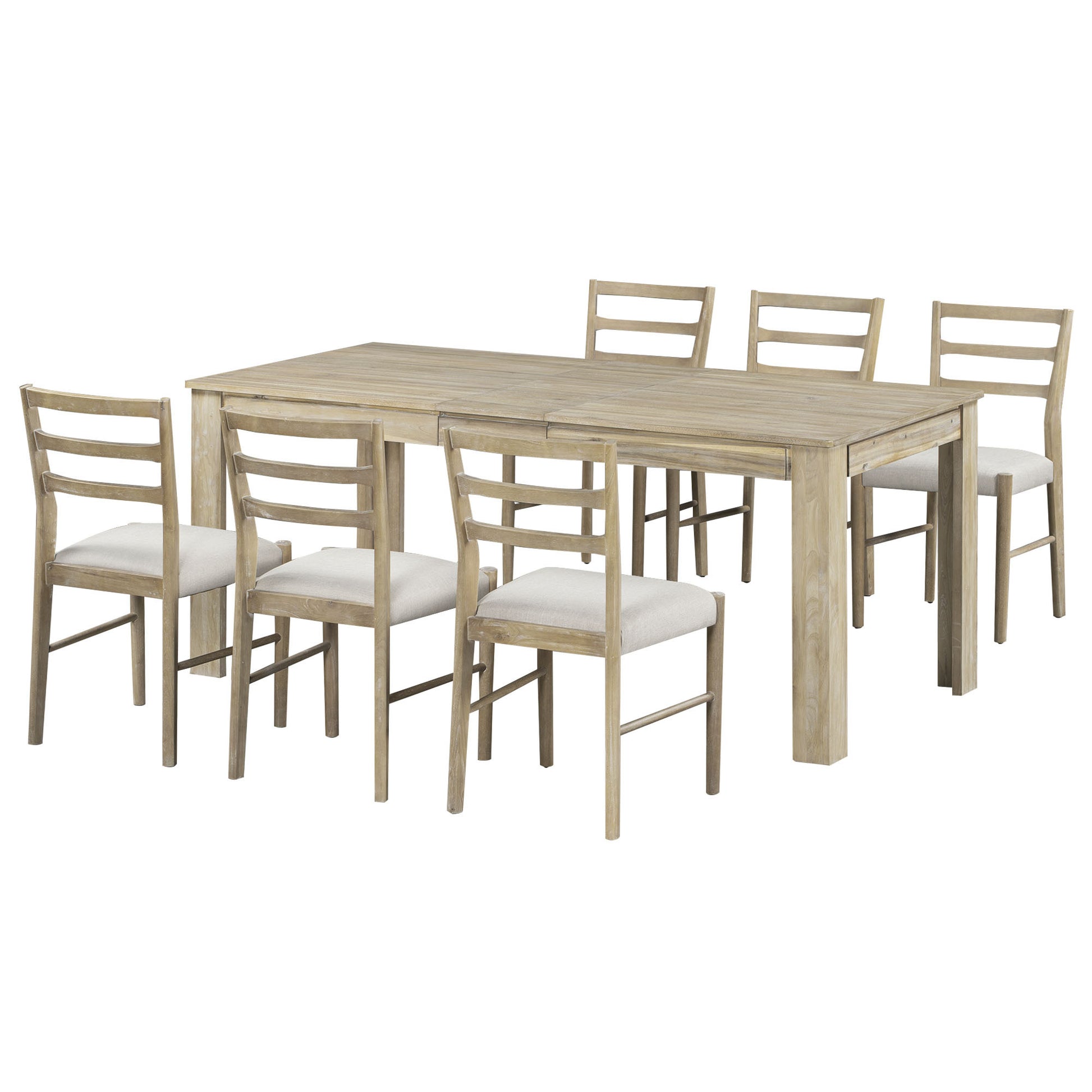 7 Piece Wooden Dining Table Set Mutifunctional Extendable Table With 12" Leaf And 2 Drawers, 6 Dining Chairs With Soft Cushion Natural Wood Wash Natural Wood Wash Solid Wood