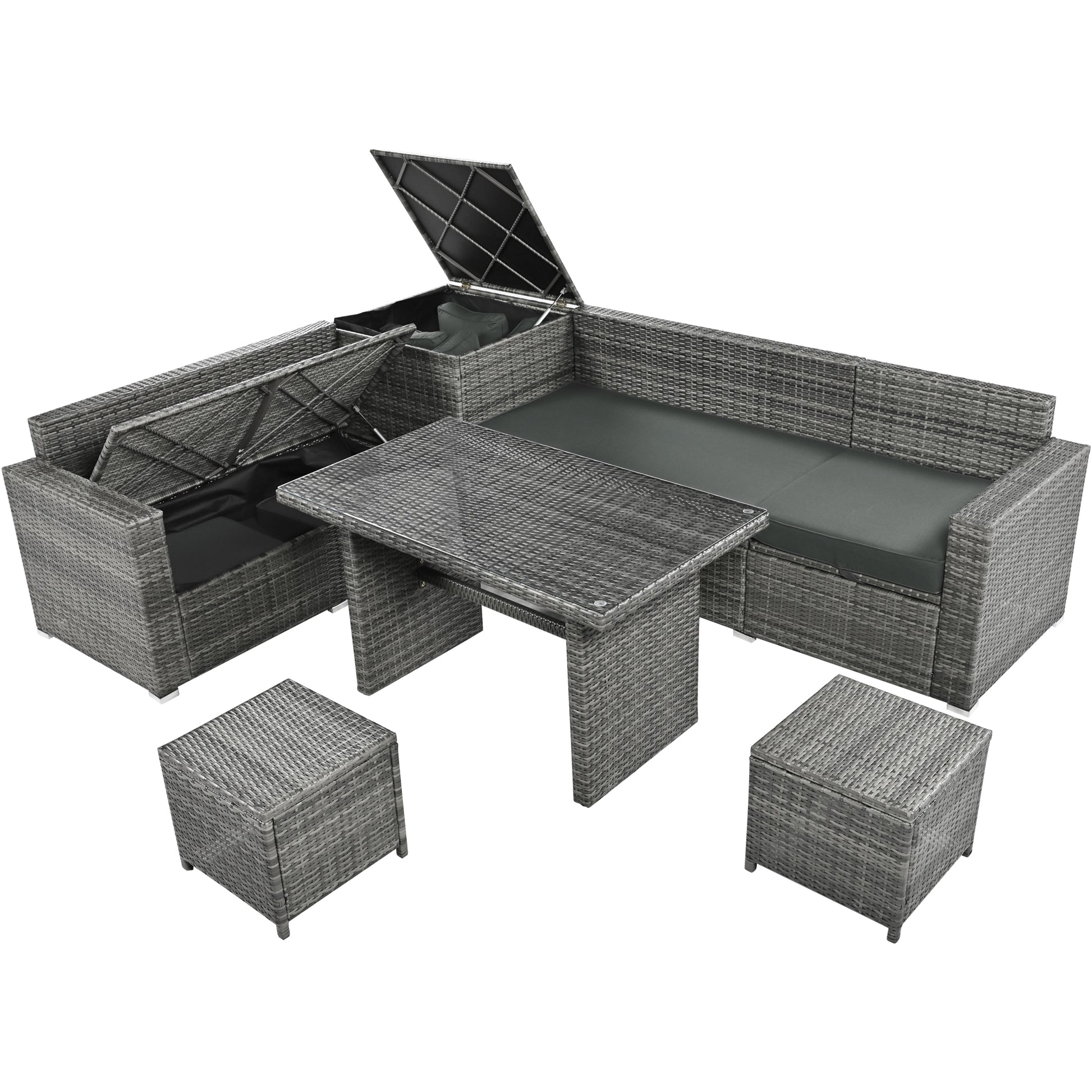 Outdoor 6 Piece All Weather Pe Rattan Sofa Set, Garden Patio Wicker Sectional Furniture Set With Adjustable Seat, Storage Box, Removable Covers And Tempered Glass Top Table,Grey Yes Complete Patio