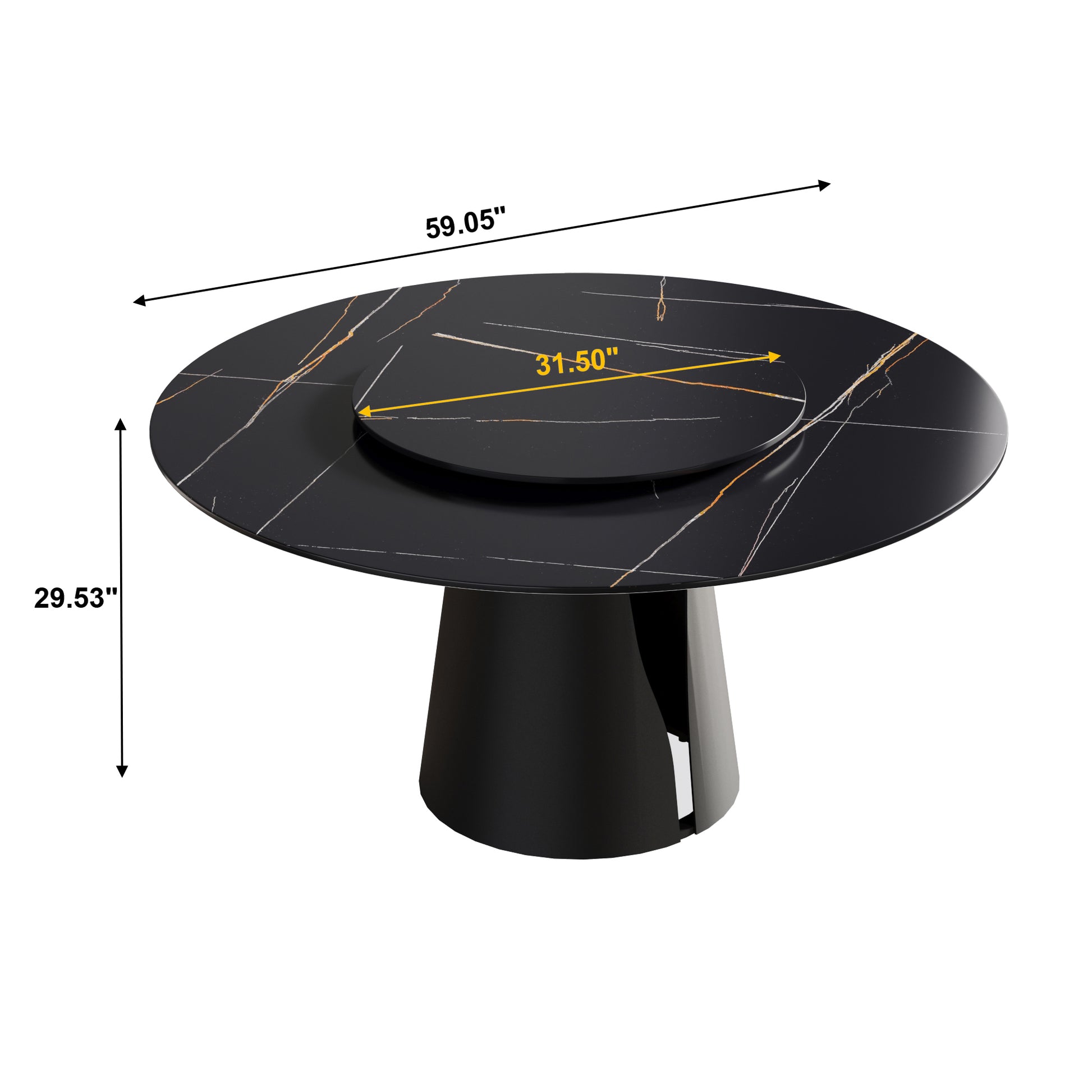 59.05"Modern Artificial Stone Round Black Carbon Steel Base Dining Table Can Accommodate 6 People 31.5"Black Artificial Stone Turntable Black Metal Sintered Stone