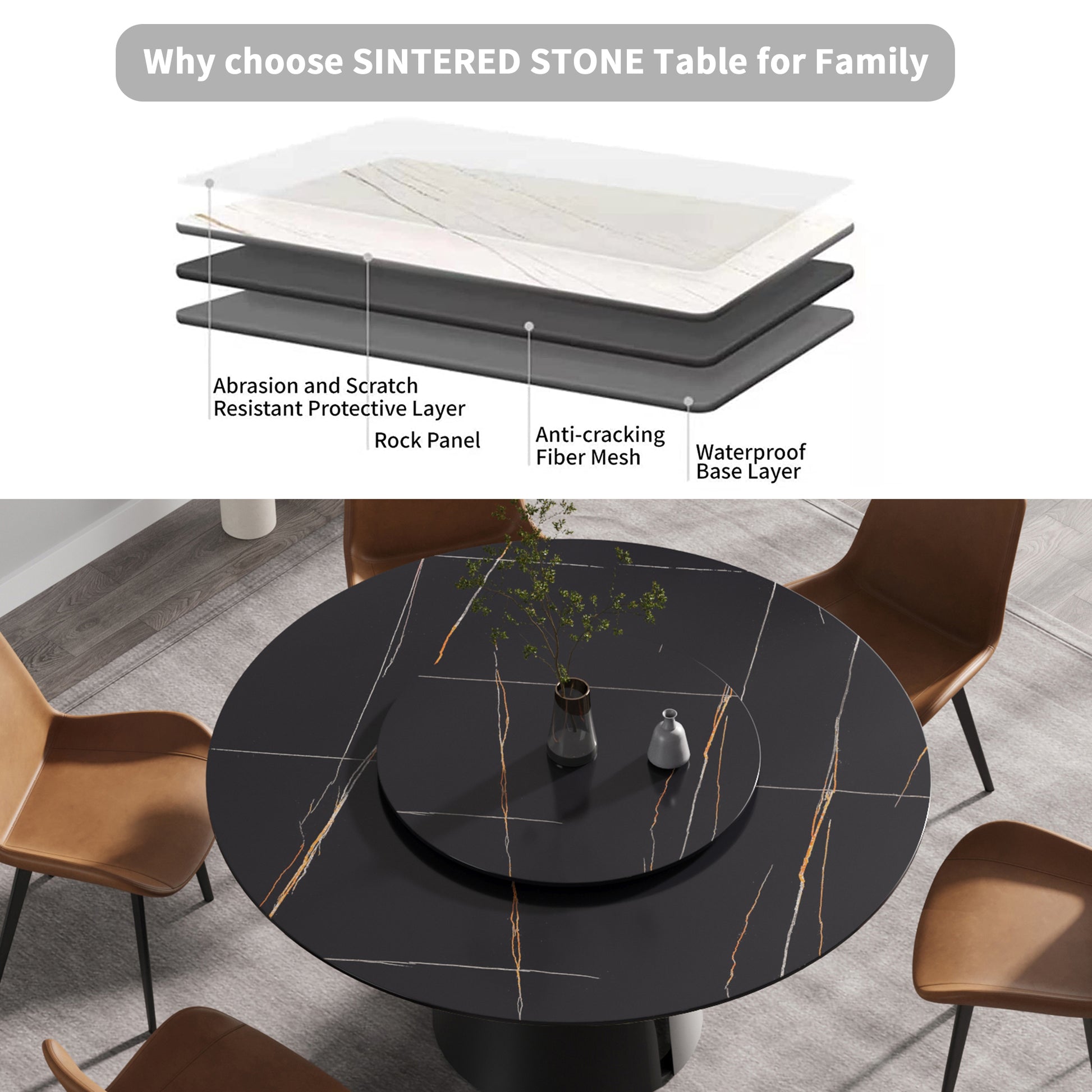 59.05"Modern Artificial Stone Round Black Carbon Steel Base Dining Table Can Accommodate 6 People 31.5"Black Artificial Stone Turntable Black Metal Sintered Stone