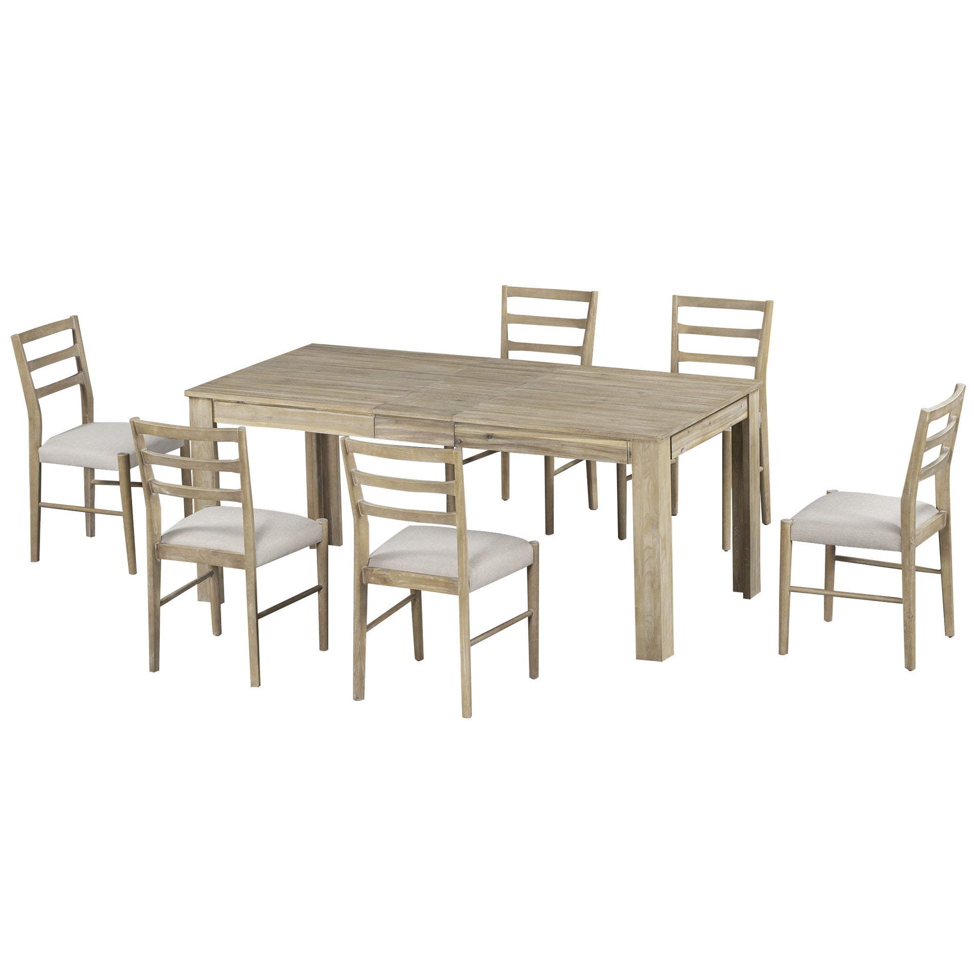 7 Piece Wooden Dining Table Set Mutifunctional Extendable Table With 12" Leaf And 2 Drawers, 6 Dining Chairs With Soft Cushion Natural Wood Wash Natural Wood Wash Solid Wood