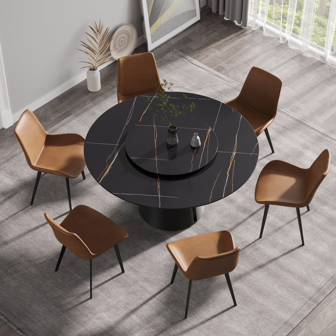 59.05"Modern Artificial Stone Round Black Carbon Steel Base Dining Table Can Accommodate 6 People 31.5"Black Artificial Stone Turntable Black Metal Sintered Stone