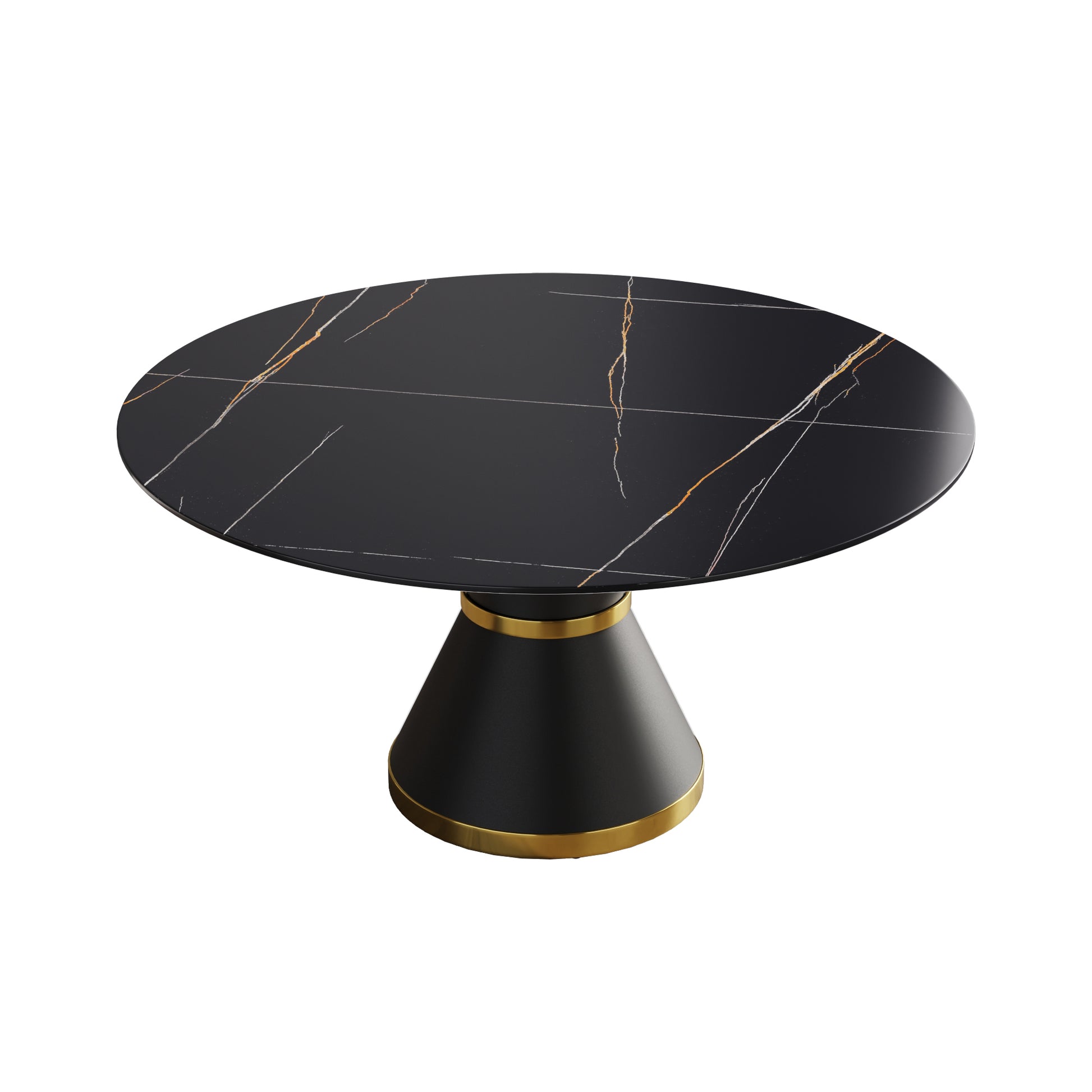 59.05"Modern Artificial Stone Round Black Carbon Steel Base Dining Table Can Accommodate 6 People Black Metal Sintered Stone