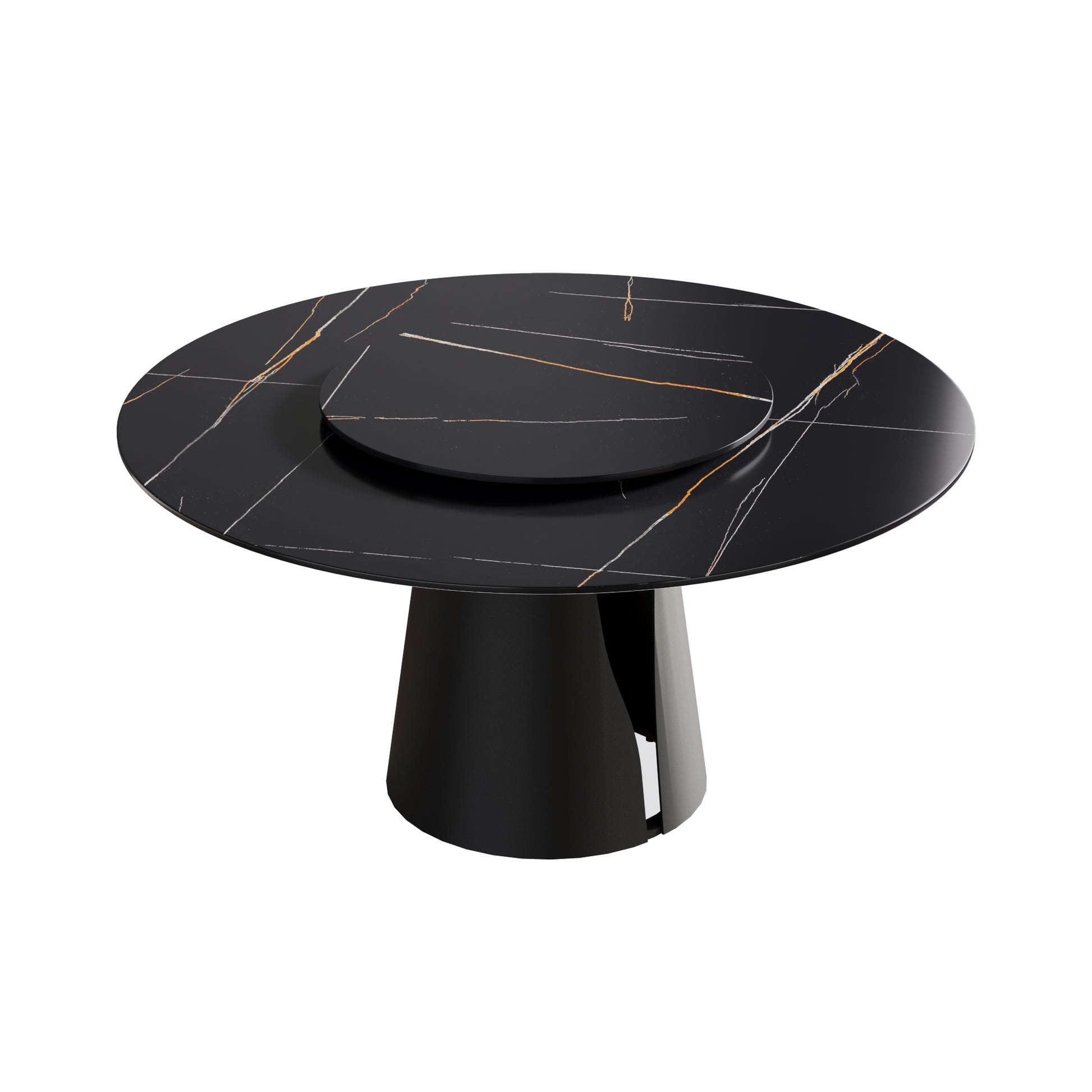 59.05"Modern Artificial Stone Round Black Carbon Steel Base Dining Table Can Accommodate 6 People 31.5"Black Artificial Stone Turntable Black Metal Sintered Stone