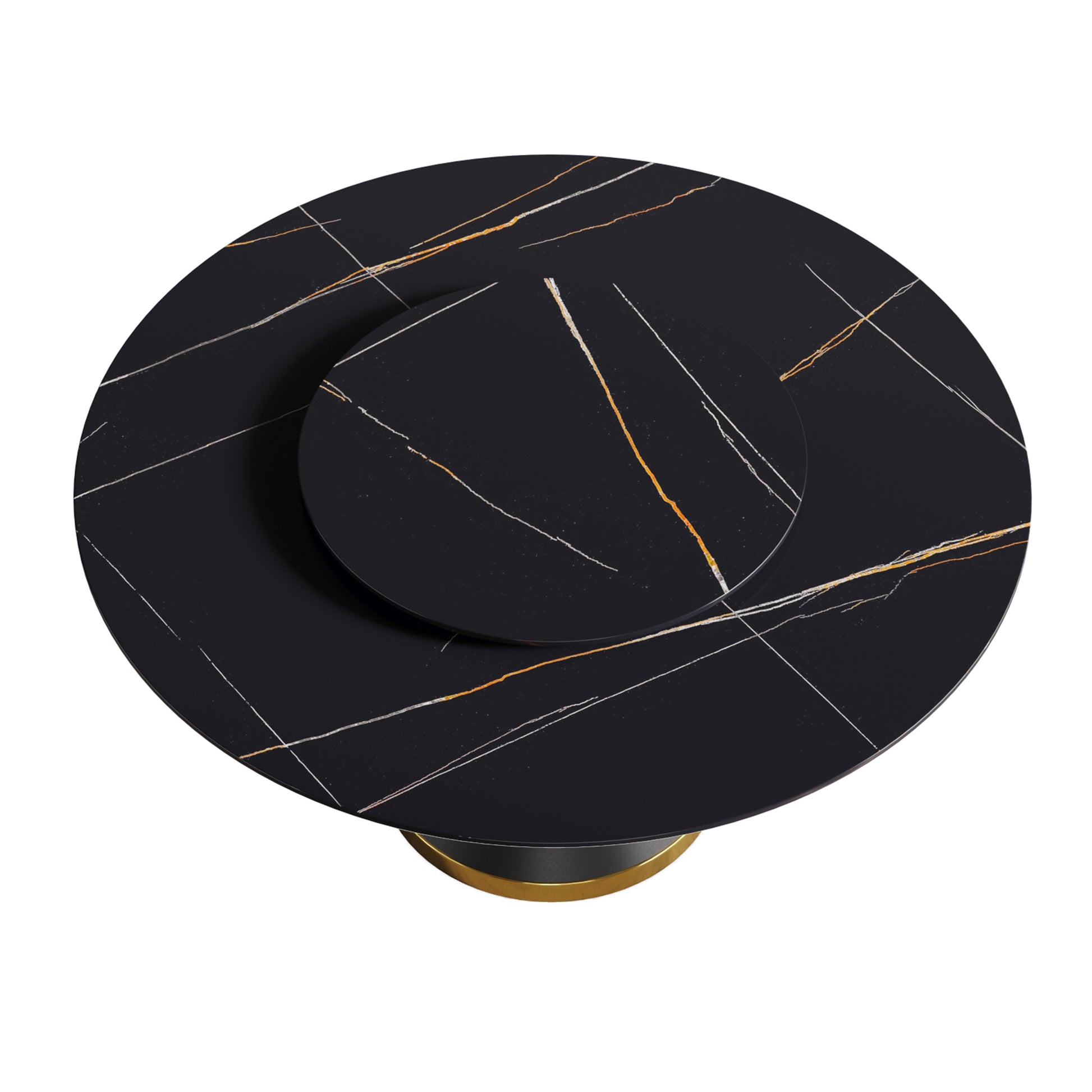 59.05"Modern Artificial Stone Round Black Carbon Steel Base Dining Table Can Accommodate 6 People 31.5"Black Artificial Stone Turntable Black Metal Marble