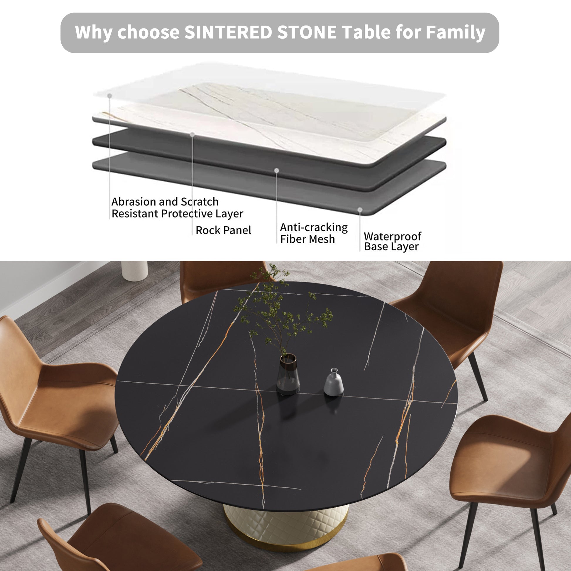 59.05"Modern Artificial Stone Round White Carbon Steel Base Dining Table Can Accommodate 6 People Black White Metal Sintered Stone