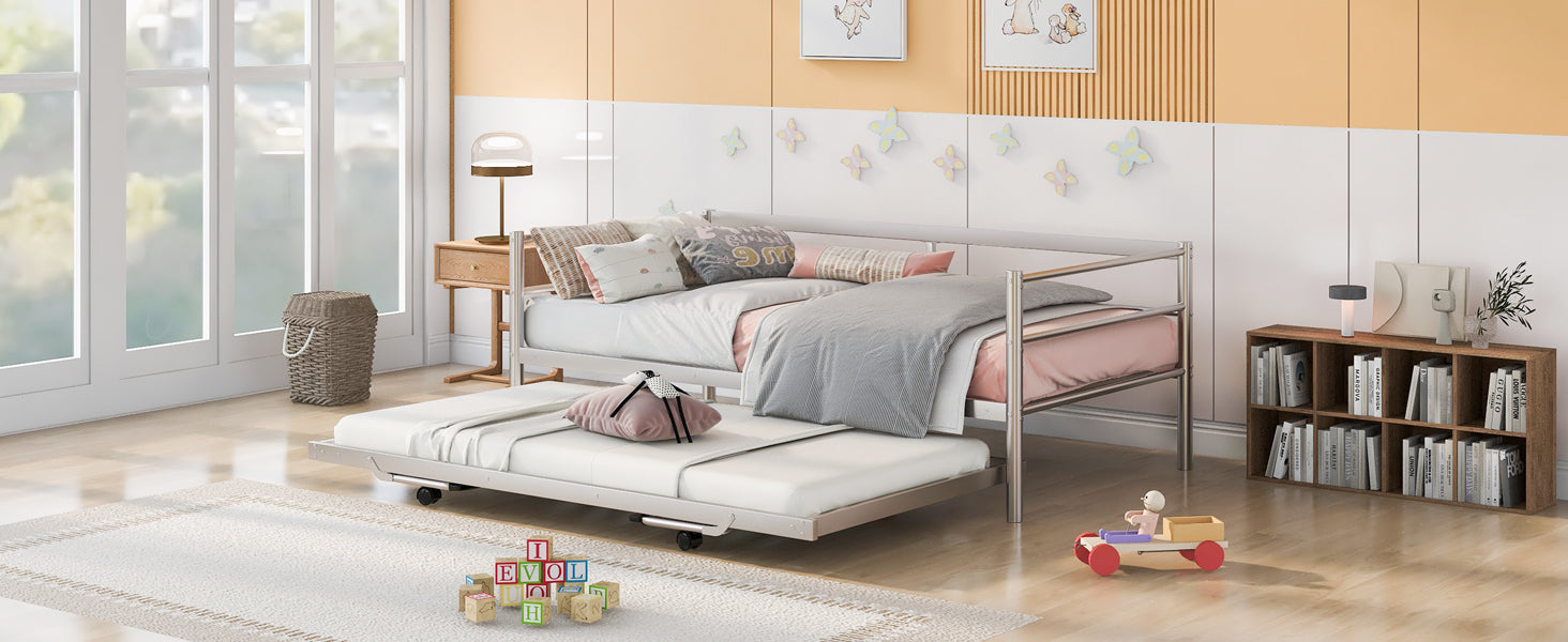 Twin Size Metal Daybed With Adjustable Trundle, Pop Up Trundle, Silver Silver Metal