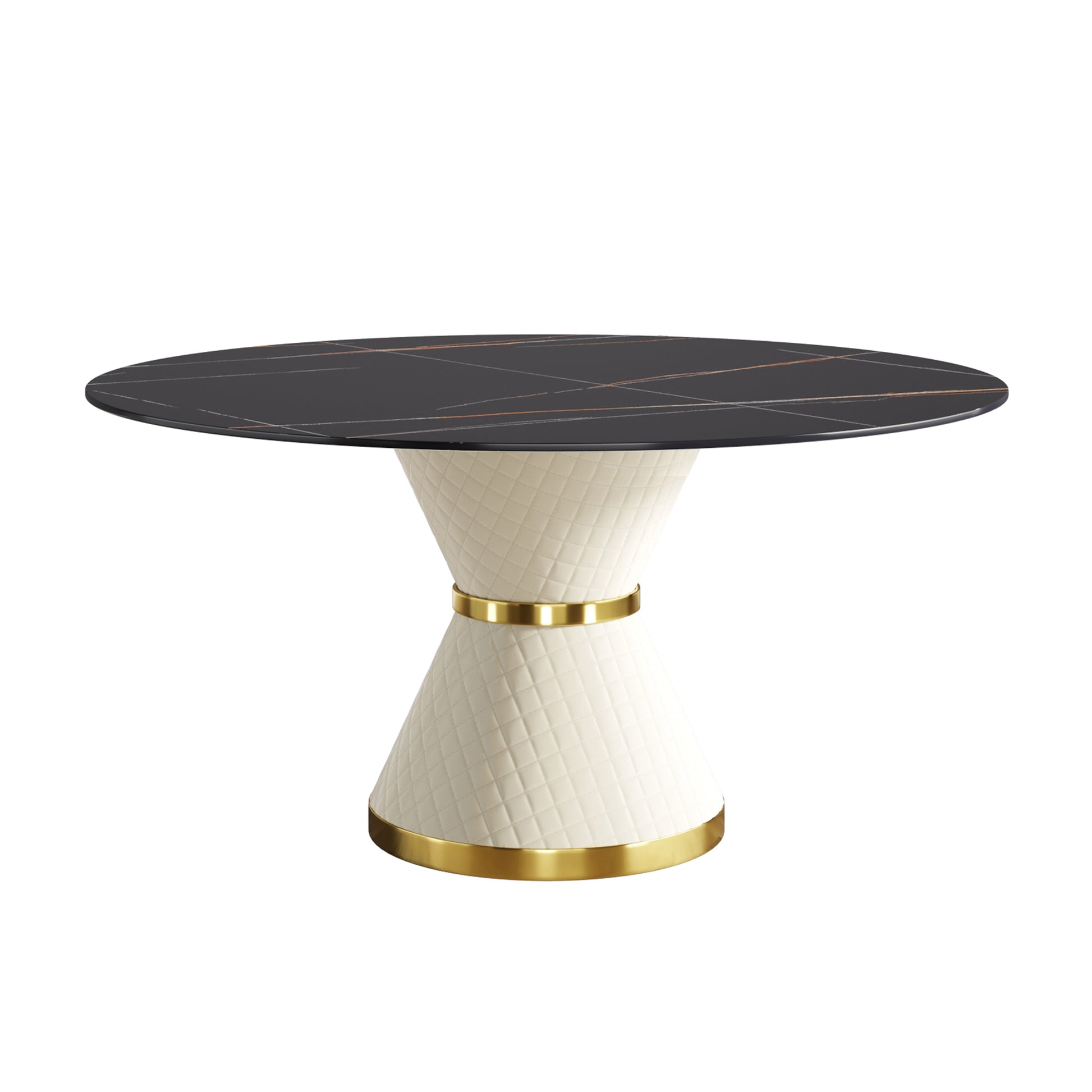 59.05"Modern Artificial Stone Round White Carbon Steel Base Dining Table Can Accommodate 6 People Black White Metal Sintered Stone