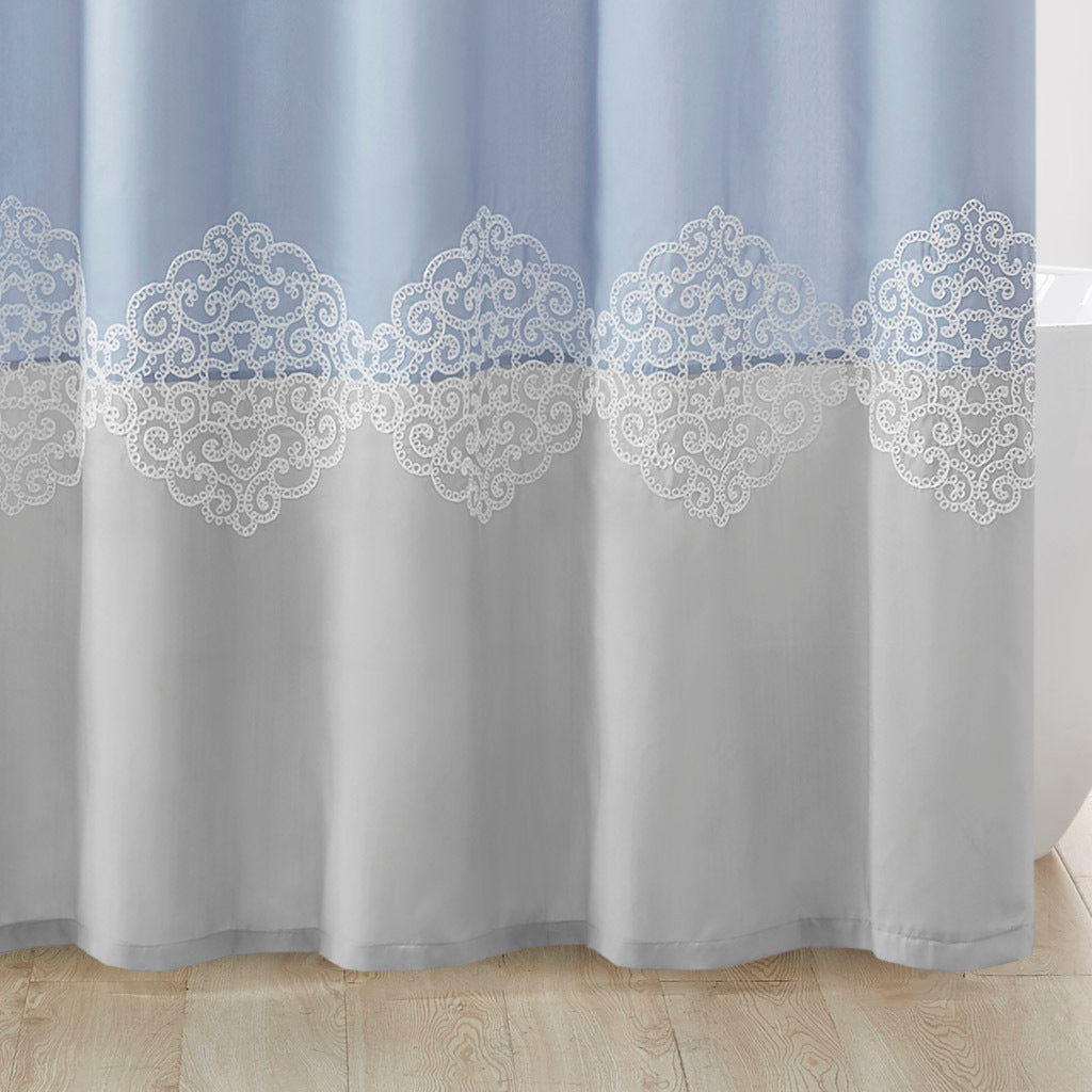 Pieced And Embroidered Shower Curtain Blue Polyester