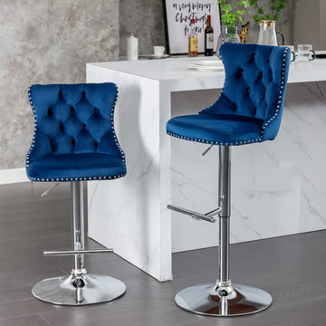 Swivel Velvet Barstools Adjusatble Seat Height From 25 33 Inch, Modern Upholstered Chrome Base Bar Stools With Backs Comfortable Tufted For Home Pub And Kitchen Island Blue,Set Of 2 Blue Foam Velvet