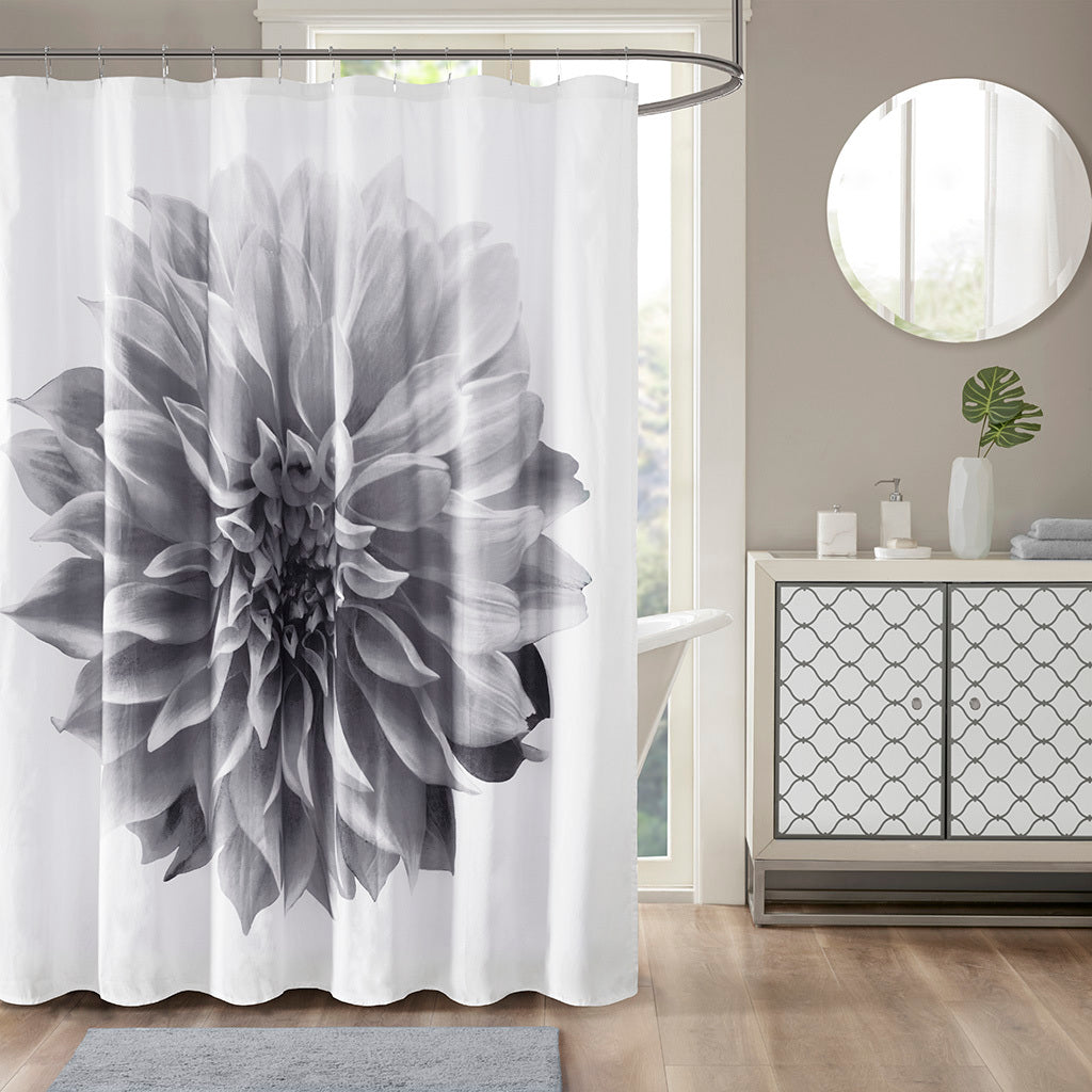 Printed Floral Cotton Shower Curtain Grey Cotton