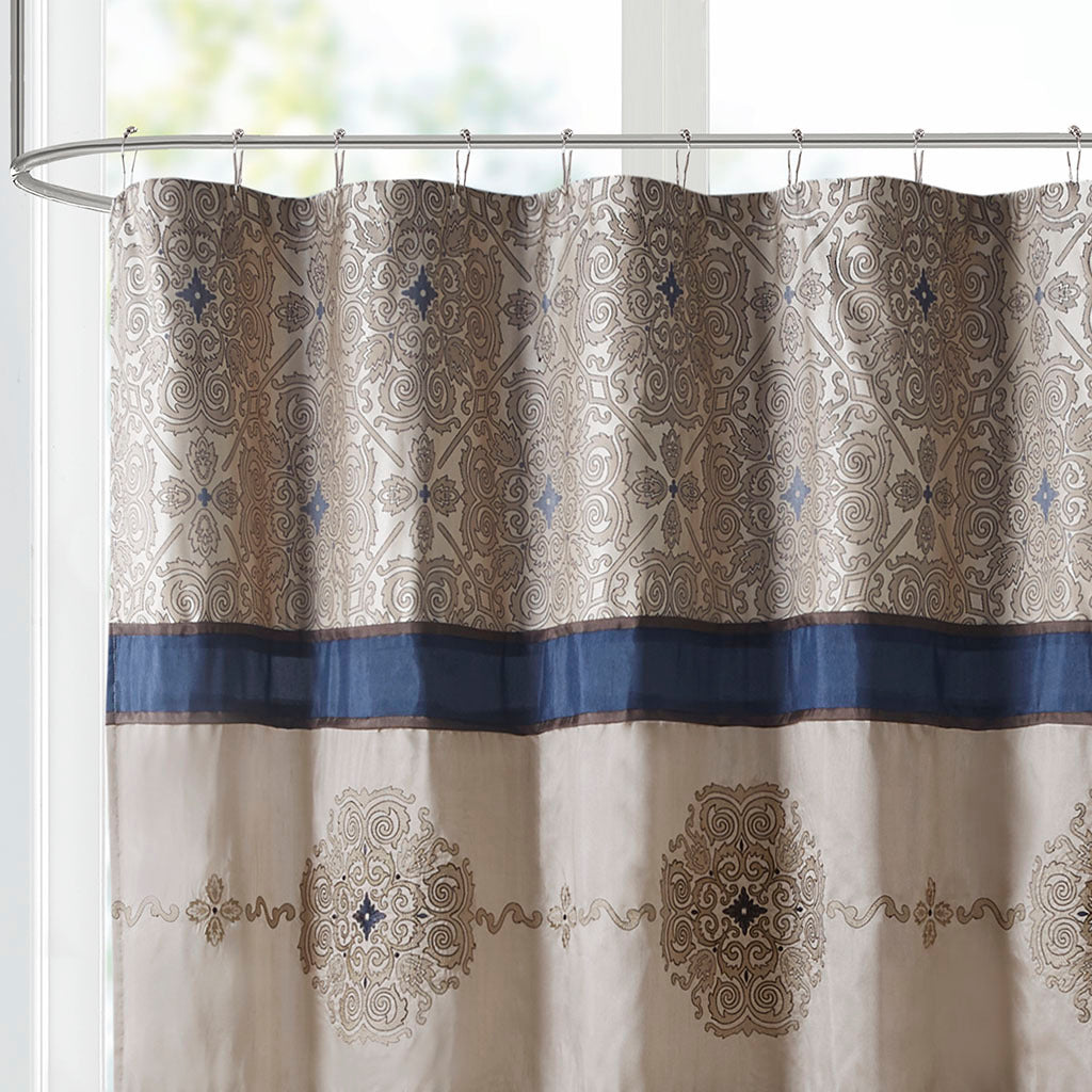 Embroidered Shower Curtain Navy Cotton