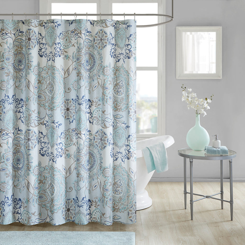 Printed Cotton Shower Curtain blue-cotton