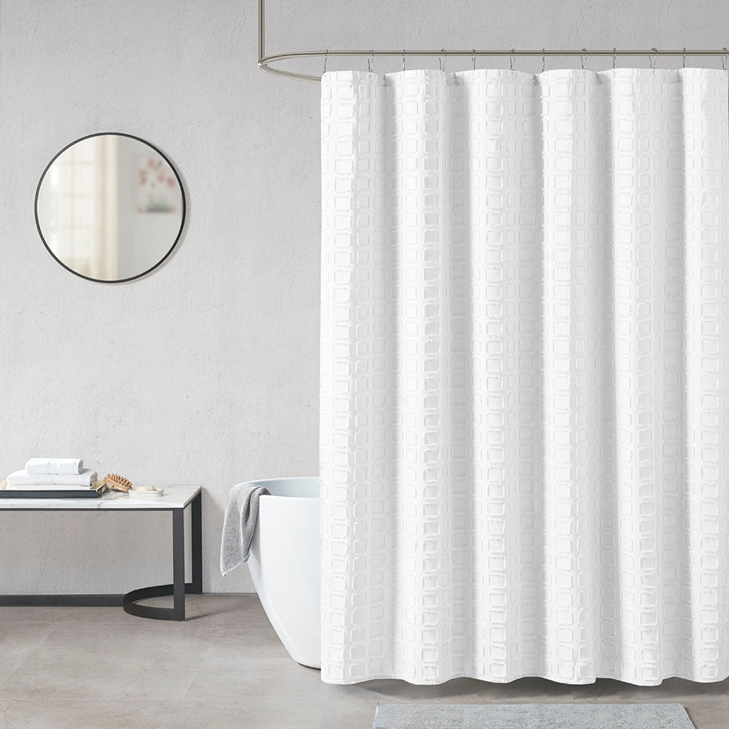 Woven Clipped Solid Shower Curtain White Polyester