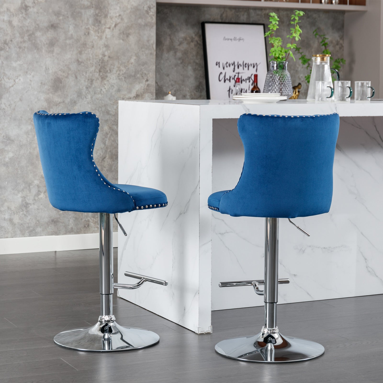 Swivel Velvet Barstools Adjusatble Seat Height From 25 33 Inch, Modern Upholstered Chrome Base Bar Stools With Backs Comfortable Tufted For Home Pub And Kitchen Island Blue,Set Of 2 Blue Foam Velvet