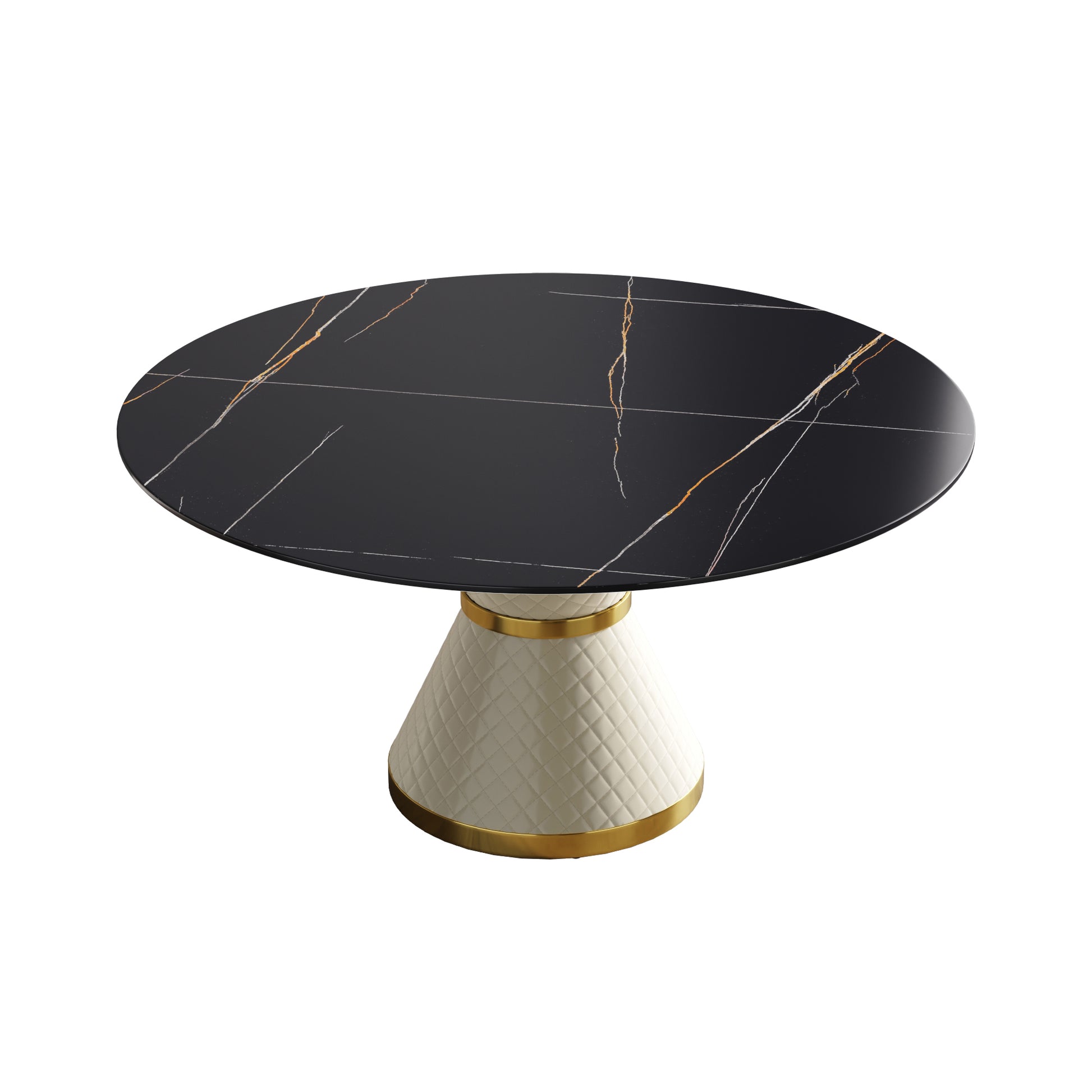 59.05"Modern Artificial Stone Round White Carbon Steel Base Dining Table Can Accommodate 6 People Black White Metal Sintered Stone