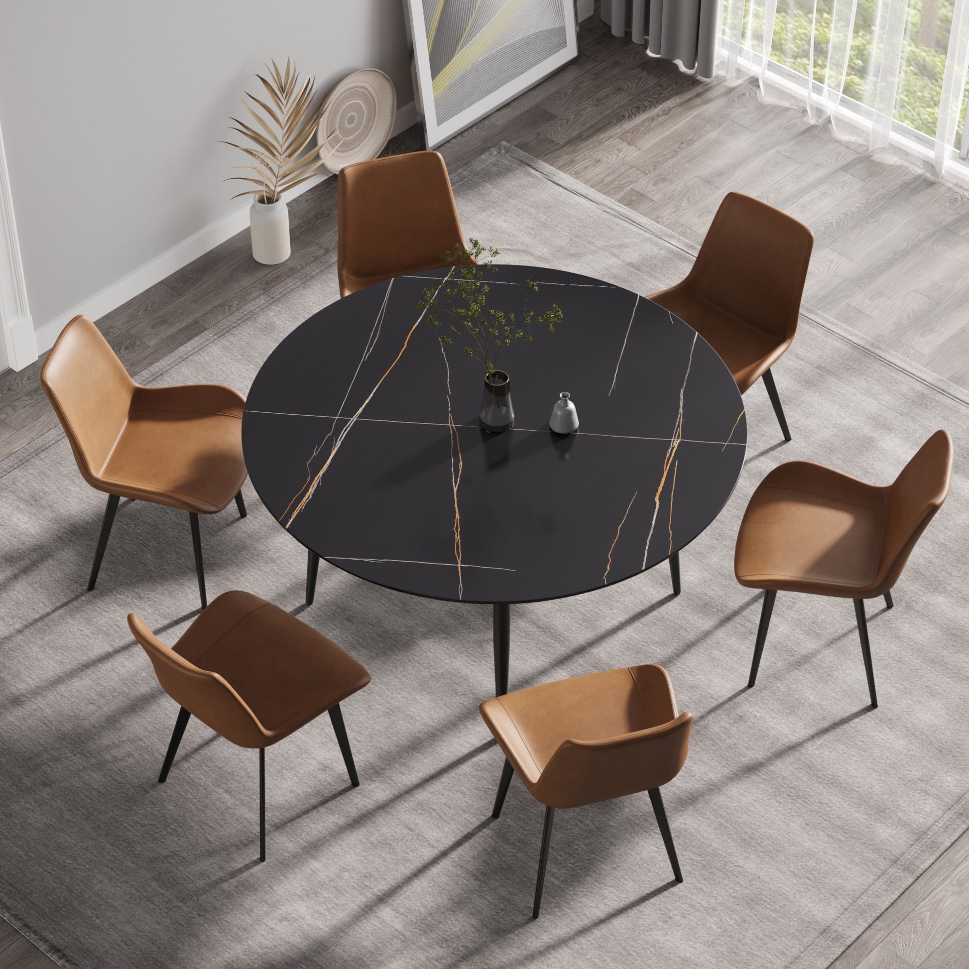 59.05"Modern Man Made Stone Round Black Metal Dining Table Position For 6 People Black Metal Sintered Stone