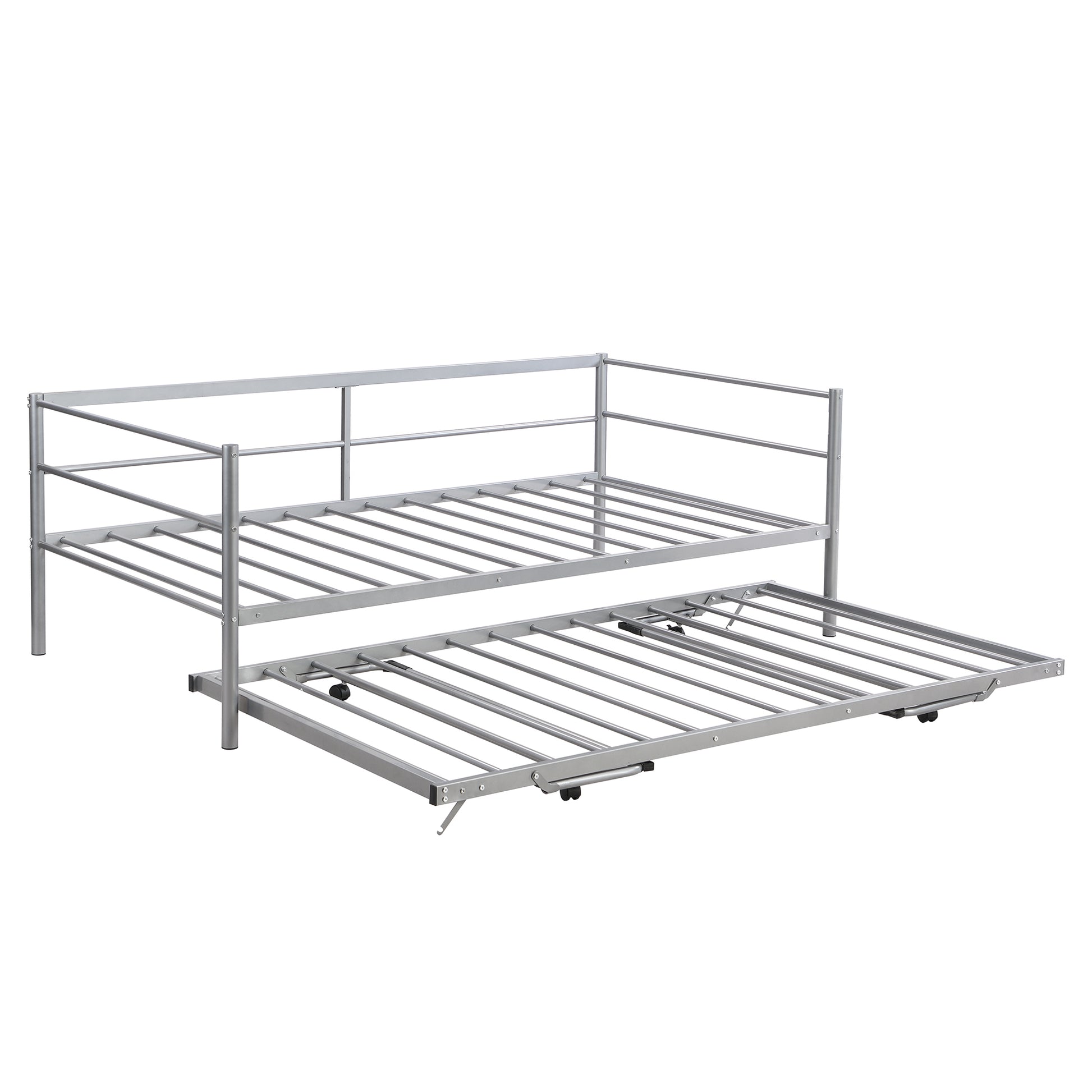 Twin Size Metal Daybed With Adjustable Trundle, Pop Up Trundle, Silver Silver Metal