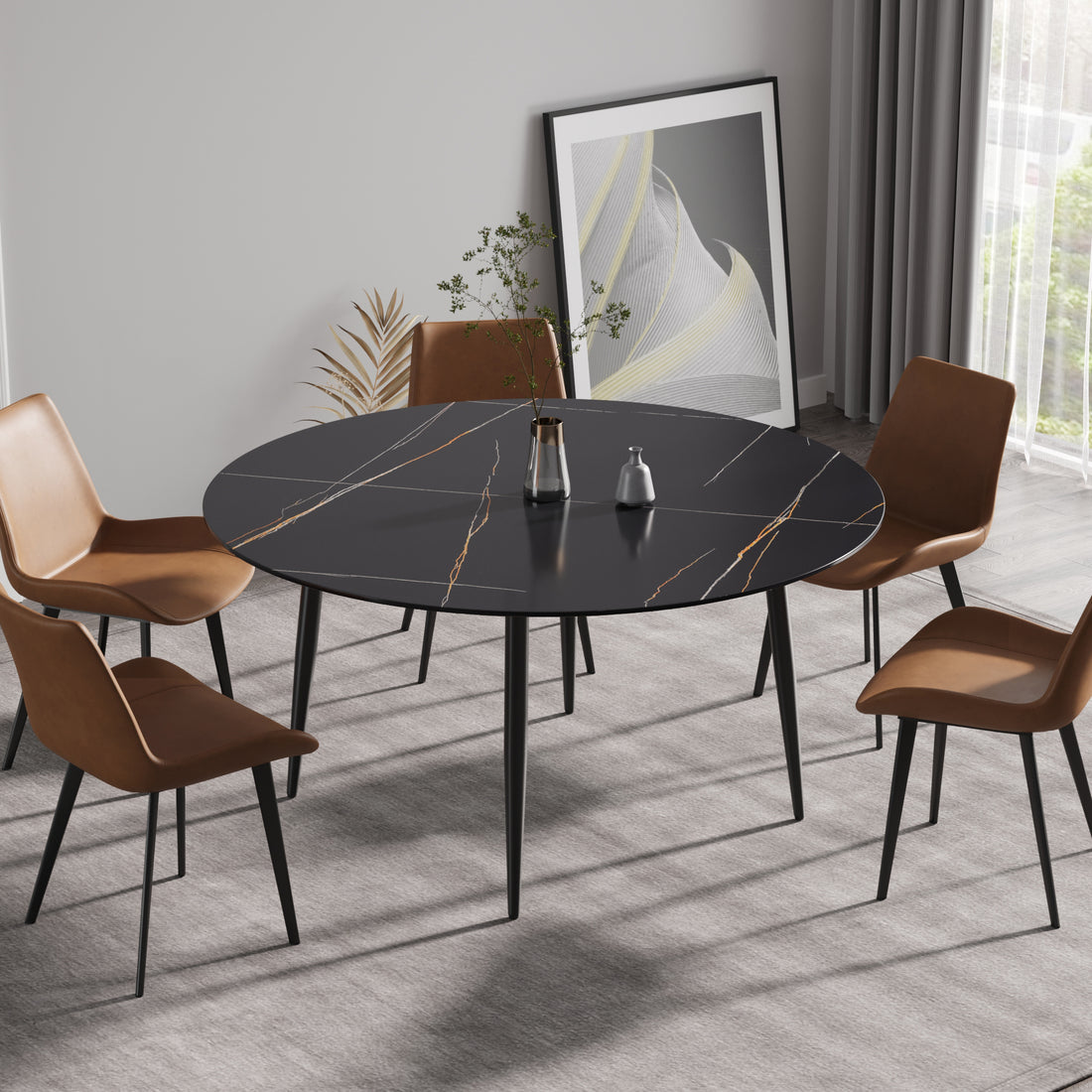 59.05"Modern Man Made Stone Round Black Metal Dining Table Position For 6 People Black Metal Sintered Stone