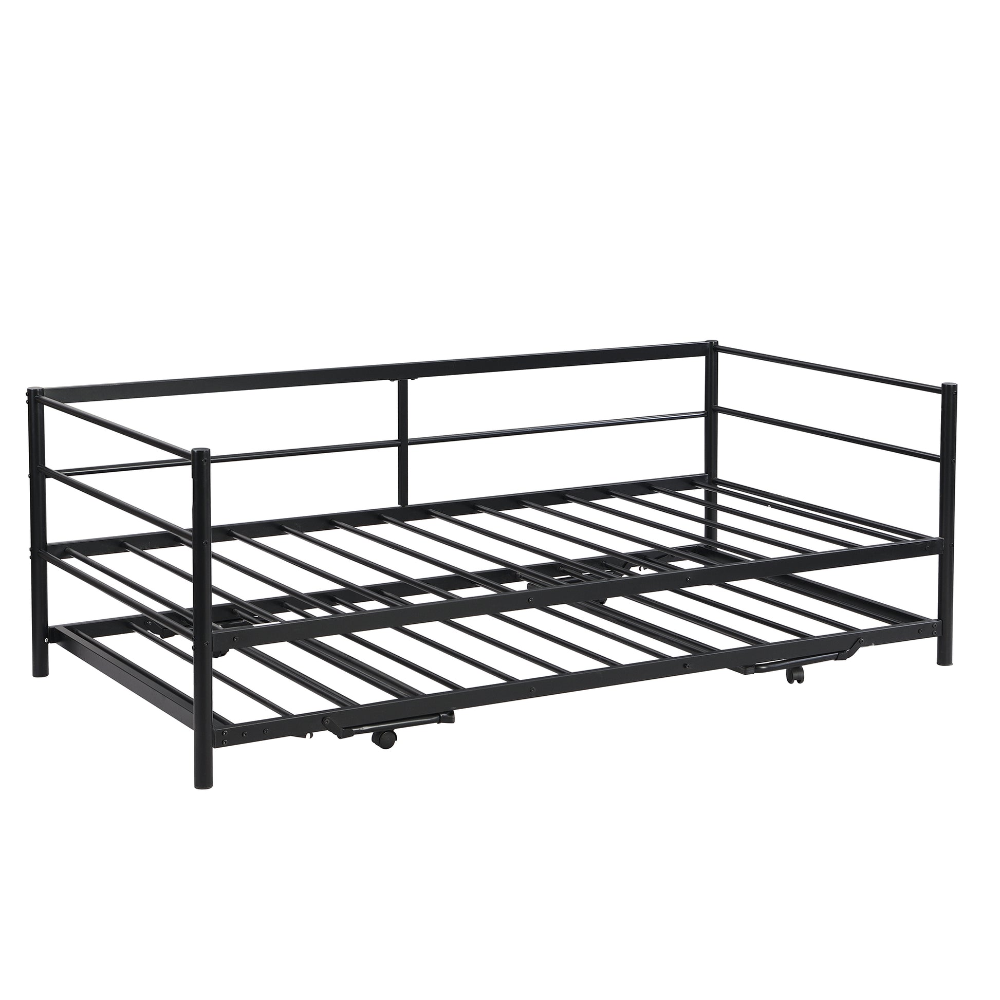 Twin Size Metal Daybed With Adjustable Trundle, Pop Up Trundle, Black Black Metal