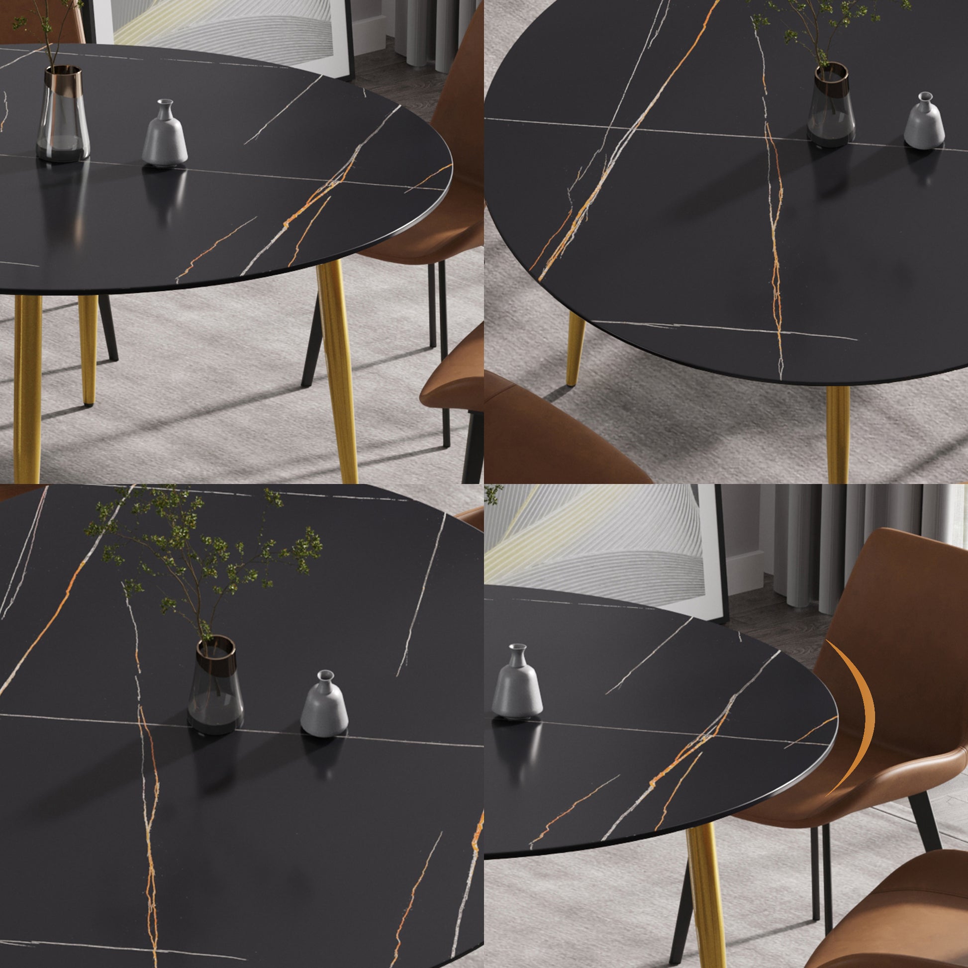 59.05"Modern Man Made Stone Round Golden Metal Dining Table Position For 6 People Golden Black Metal Sintered Stone