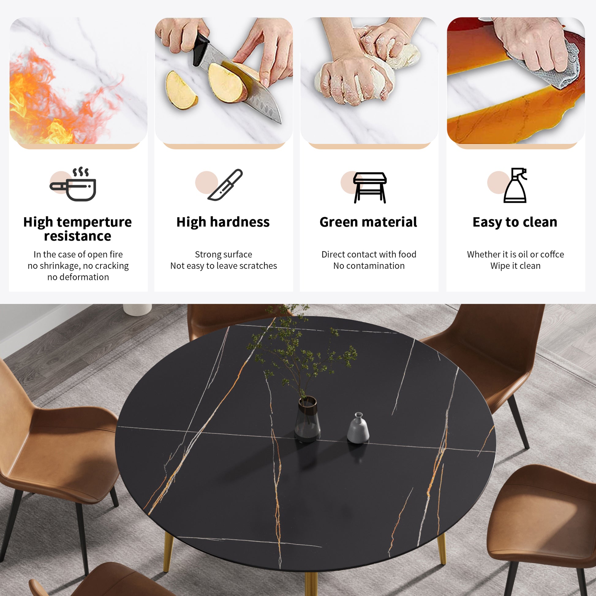 59.05"Modern Man Made Stone Round Golden Metal Dining Table Position For 6 People Golden Black Metal Sintered Stone