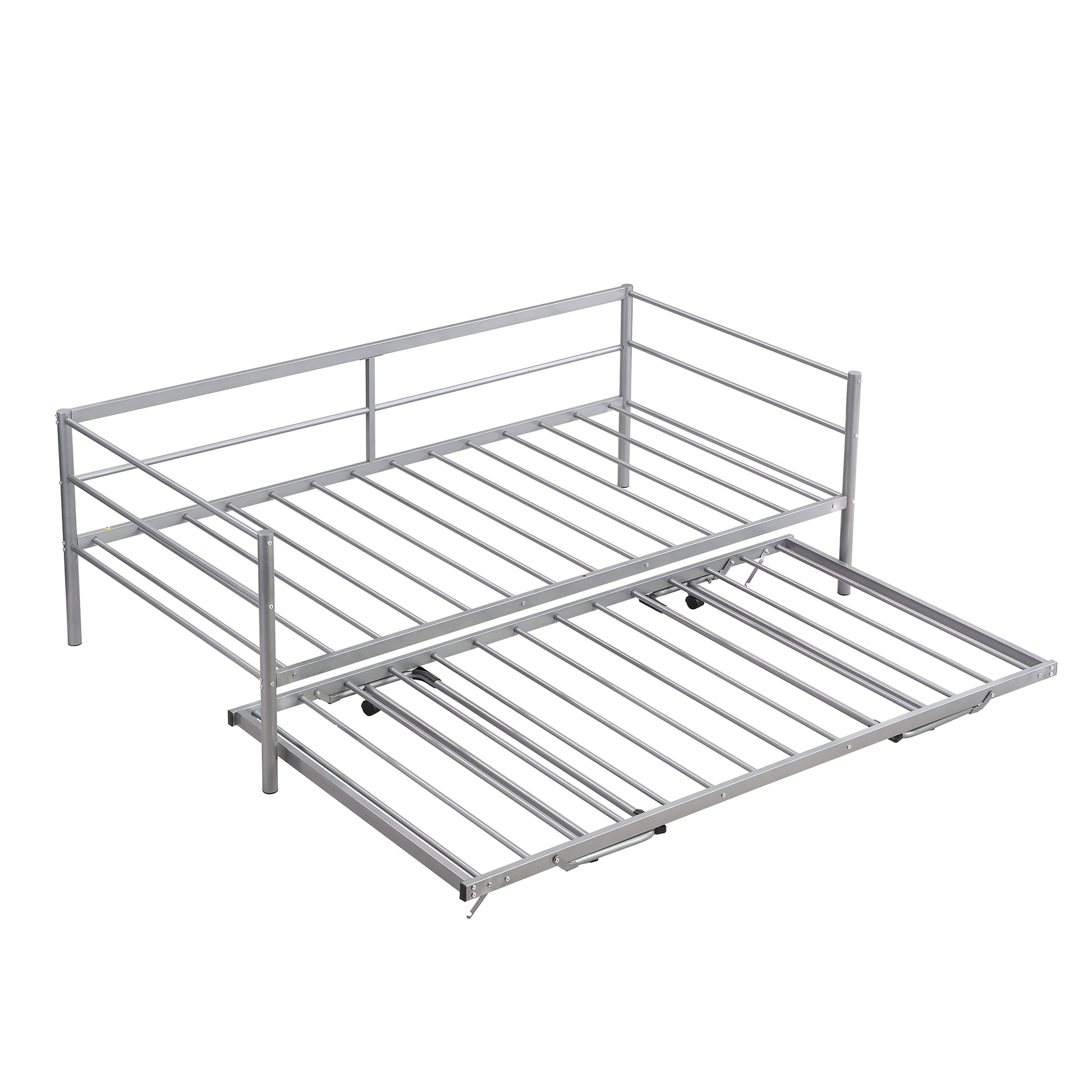 Twin Size Metal Daybed With Adjustable Trundle, Pop Up Trundle, Silver Silver Metal