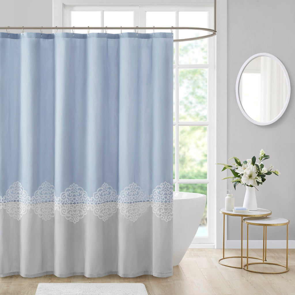 Pieced And Embroidered Shower Curtain Blue Polyester