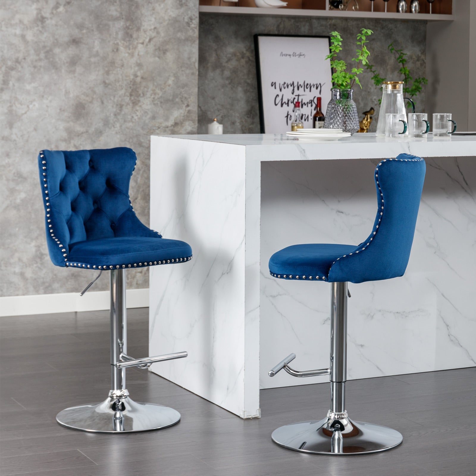 Swivel Velvet Barstools Adjusatble Seat Height From 25 33 Inch, Modern Upholstered Chrome Base Bar Stools With Backs Comfortable Tufted For Home Pub And Kitchen Island Blue,Set Of 2 Blue Foam Velvet