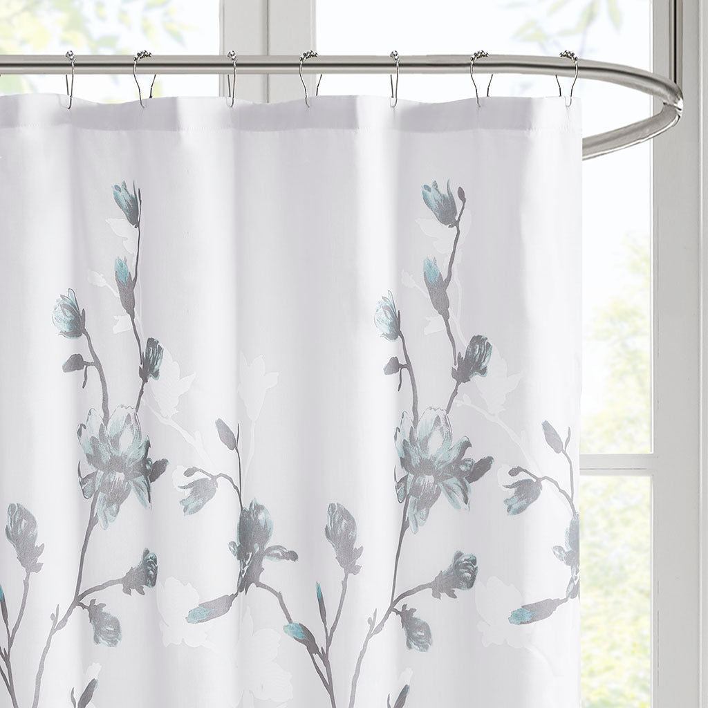 Floral Printed Burnout Shower Curtain Aqua Polyester