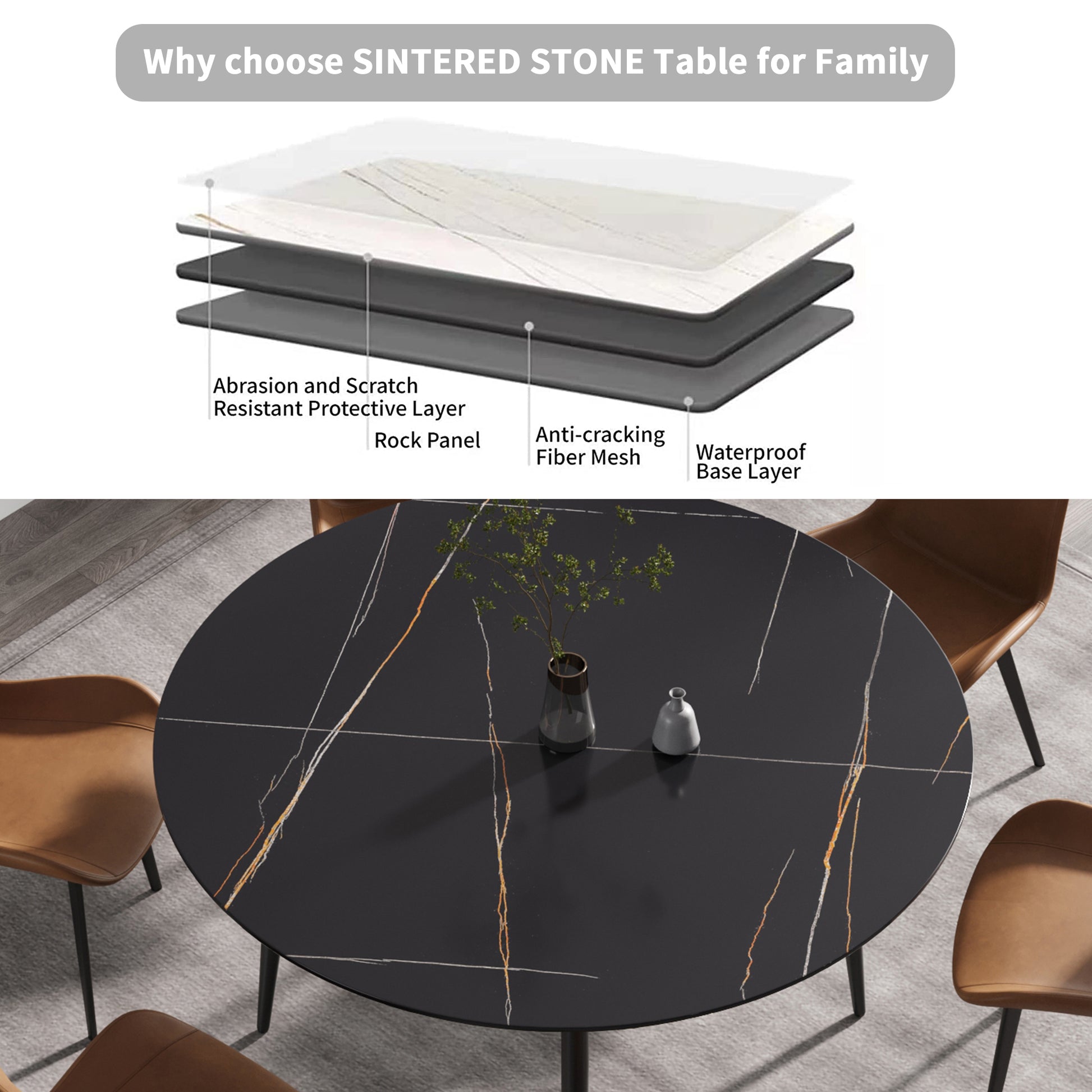 59.05"Modern Man Made Stone Round Black Metal Dining Table Position For 6 People Black Metal Sintered Stone