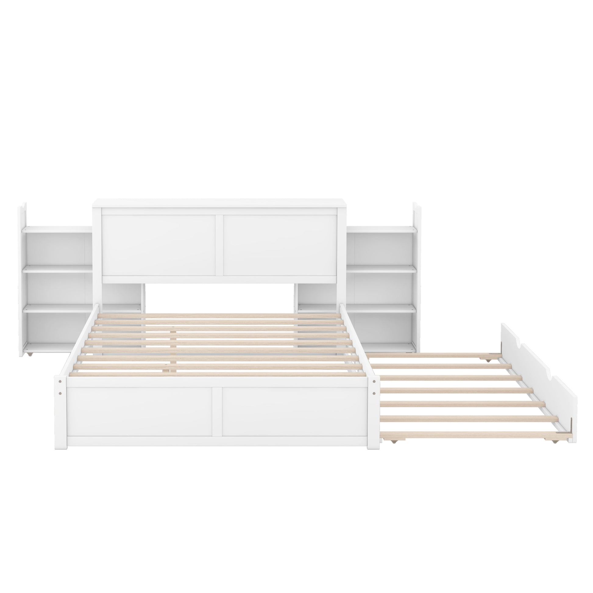 Queen Size Storage Platform Bed With Pull Out Shelves And Twin Xl Size Trundle, White White Solid Wood Mdf