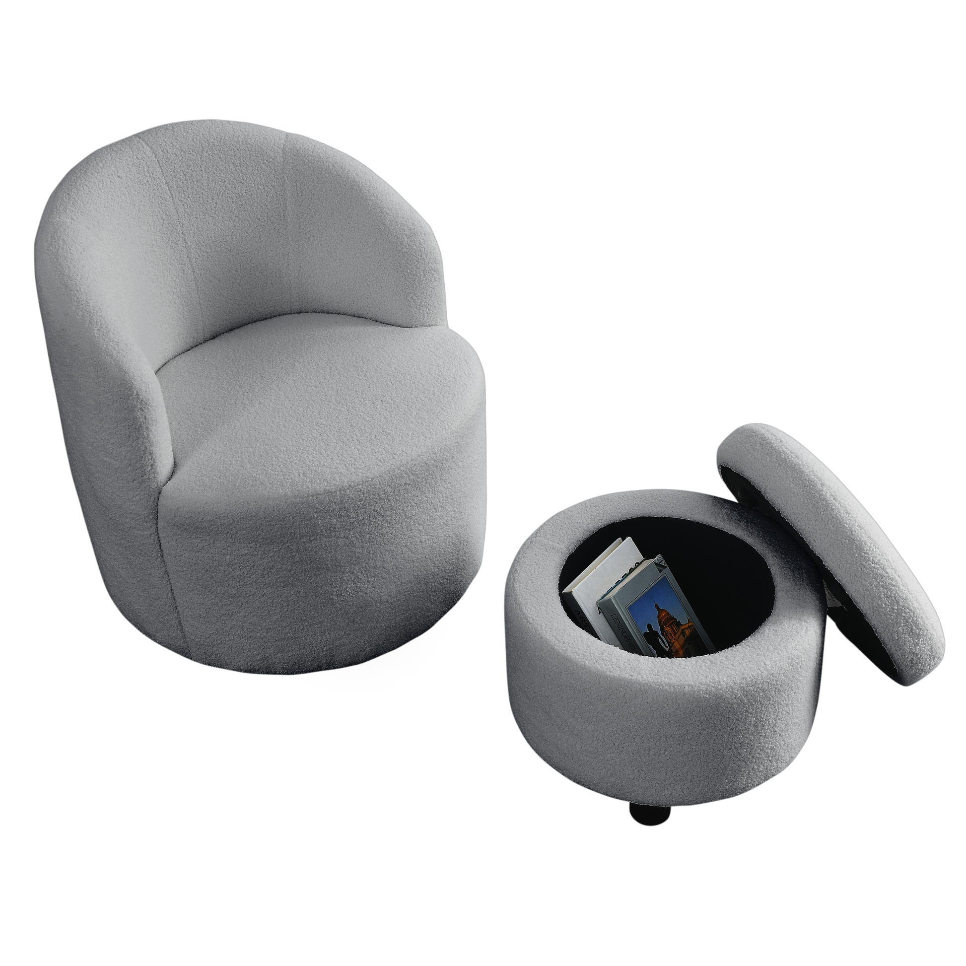 Video Welike Swivel Barrel Chair, Living Room Swivel Chair With Round Storage Chair, 360 Swivel Club Chair, Nursery, Bedroom, Office, Hotel With Upholstered Modern Armchair, Teddy Fabric Grey Teddy Foam Fabric