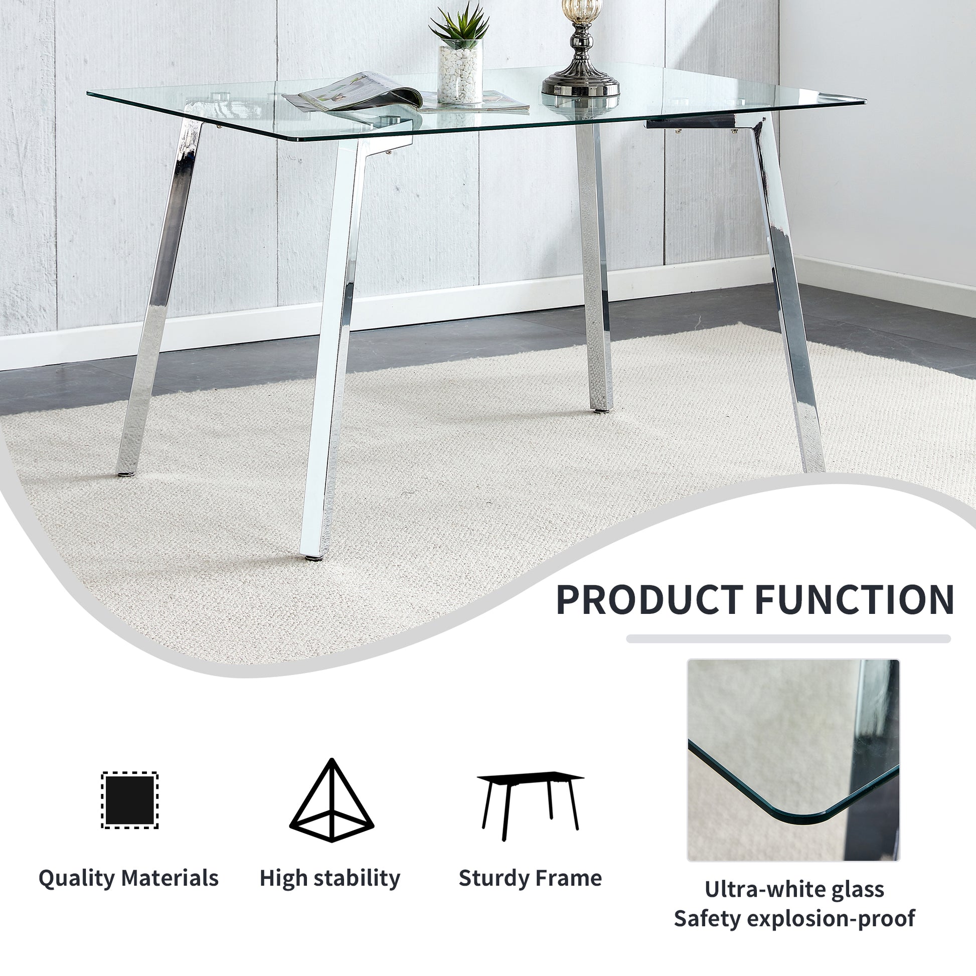 Glass Dining Table Modern Minimalist Rectangular For 4 6 With 0.31" Tempered Glass Tabletop And Plating Metal Legs, Writing Table Desk, For Kitchen Dining Living Room, 51" W X 31"D X 30" H 1123 Transparent Glass