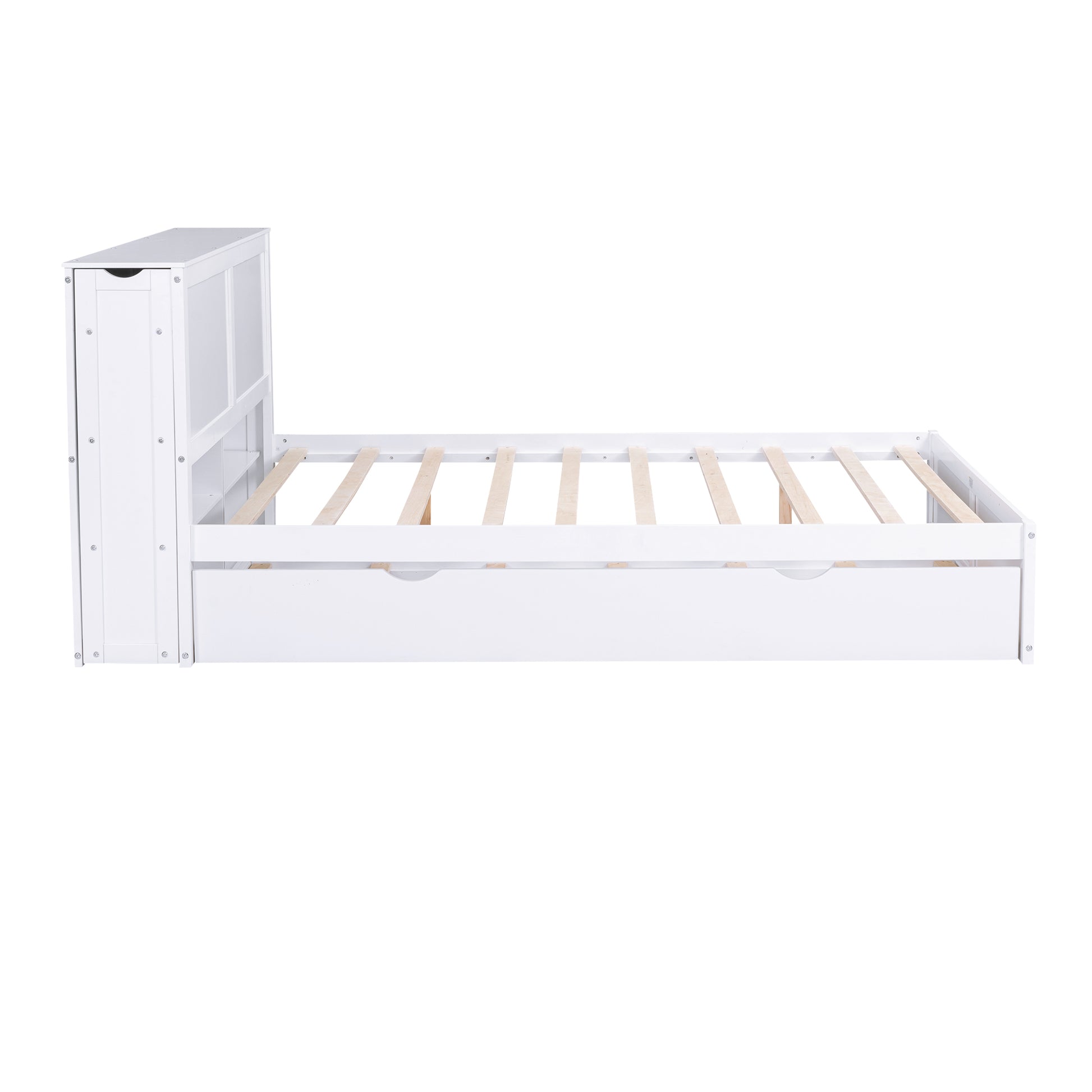 Queen Size Storage Platform Bed With Pull Out Shelves And Twin Xl Size Trundle, White White Solid Wood Mdf