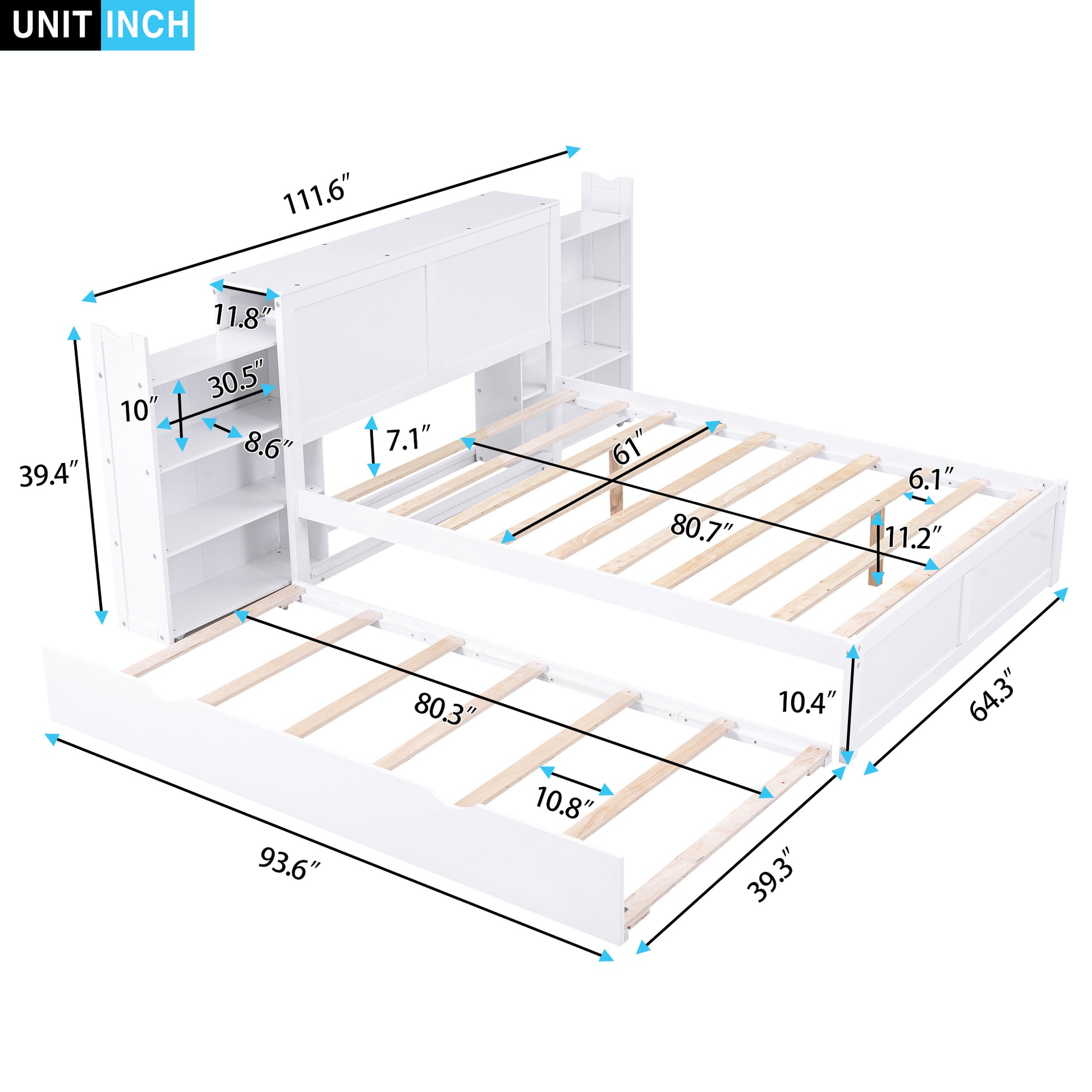 Queen Size Storage Platform Bed With Pull Out Shelves And Twin Xl Size Trundle, White White Solid Wood Mdf