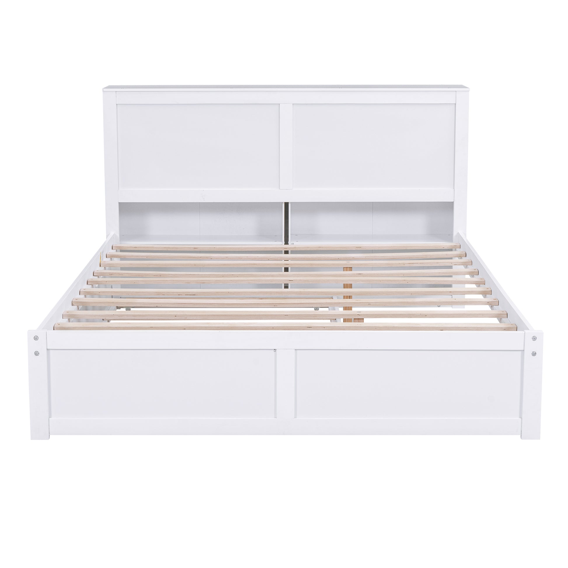 Queen Size Storage Platform Bed With Pull Out Shelves And Twin Xl Size Trundle, White White Solid Wood Mdf