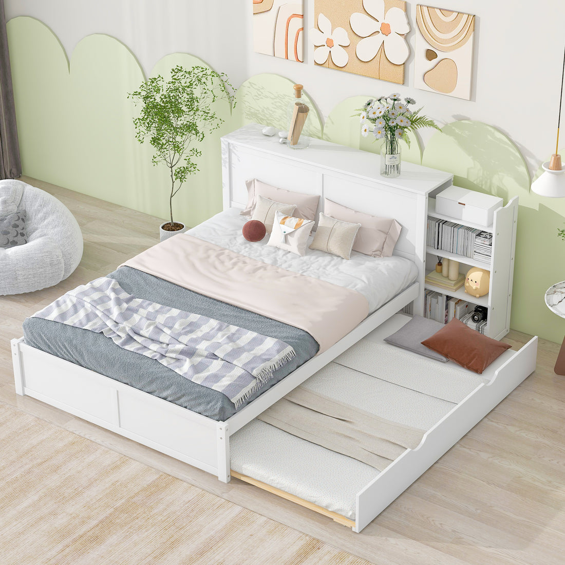 Queen Size Storage Platform Bed With Pull Out Shelves And Twin Xl Size Trundle, White White Solid Wood Mdf