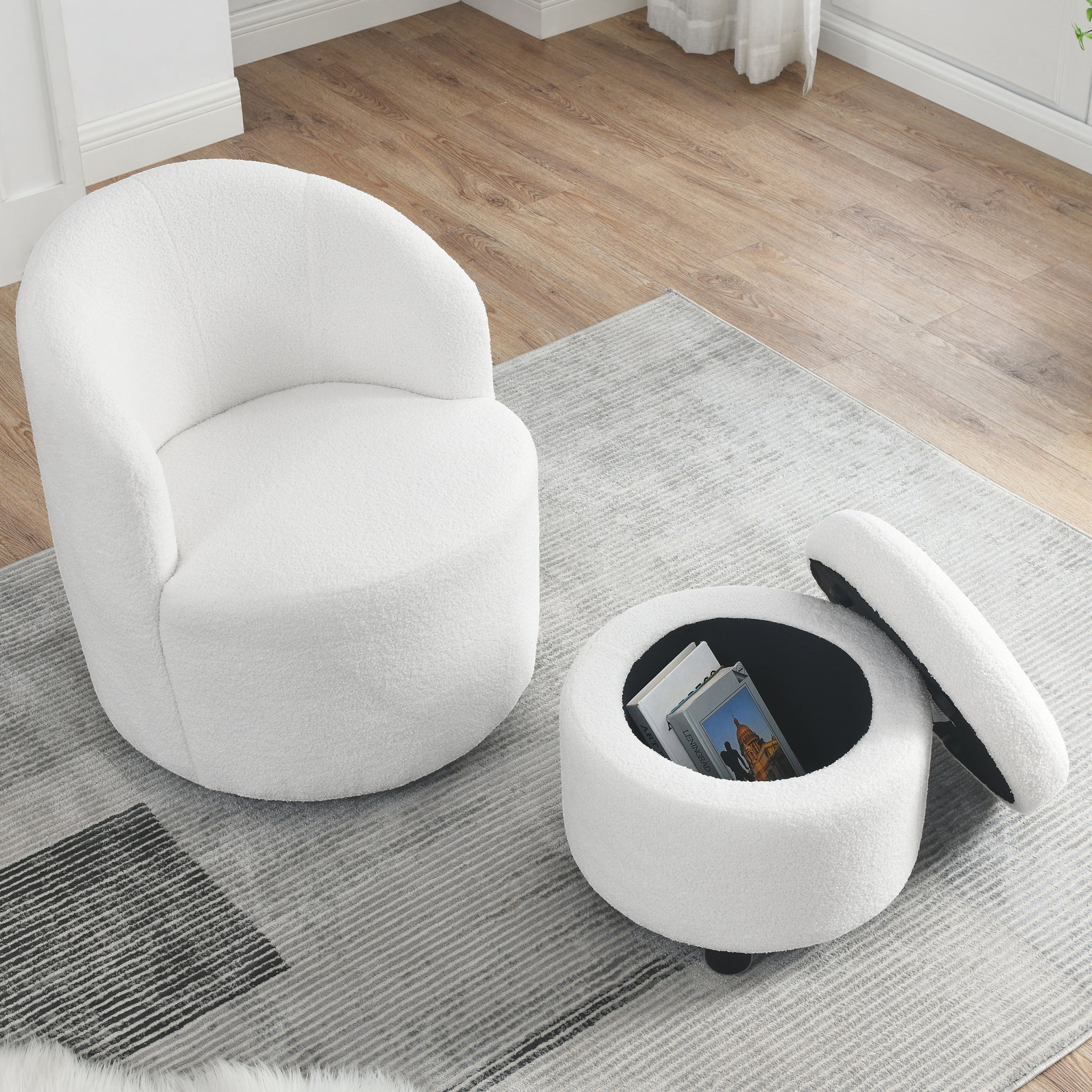 Video Welike Swivel barrel chair, living room swivel white teddy-foam-fabric