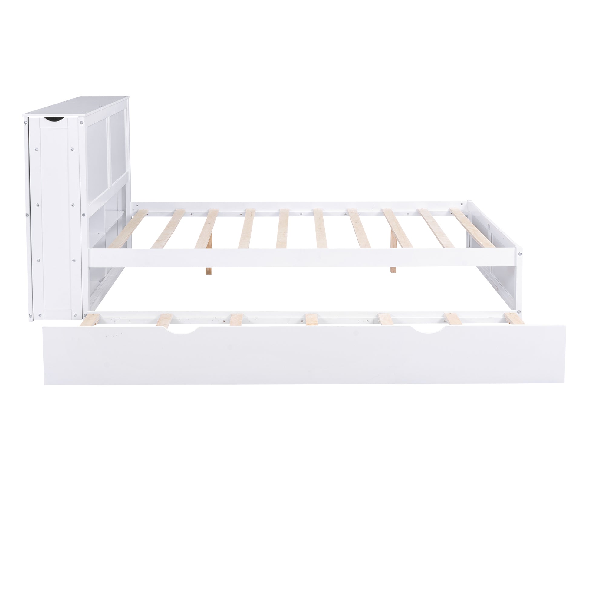 Queen Size Storage Platform Bed With Pull Out Shelves And Twin Xl Size Trundle, White White Solid Wood Mdf