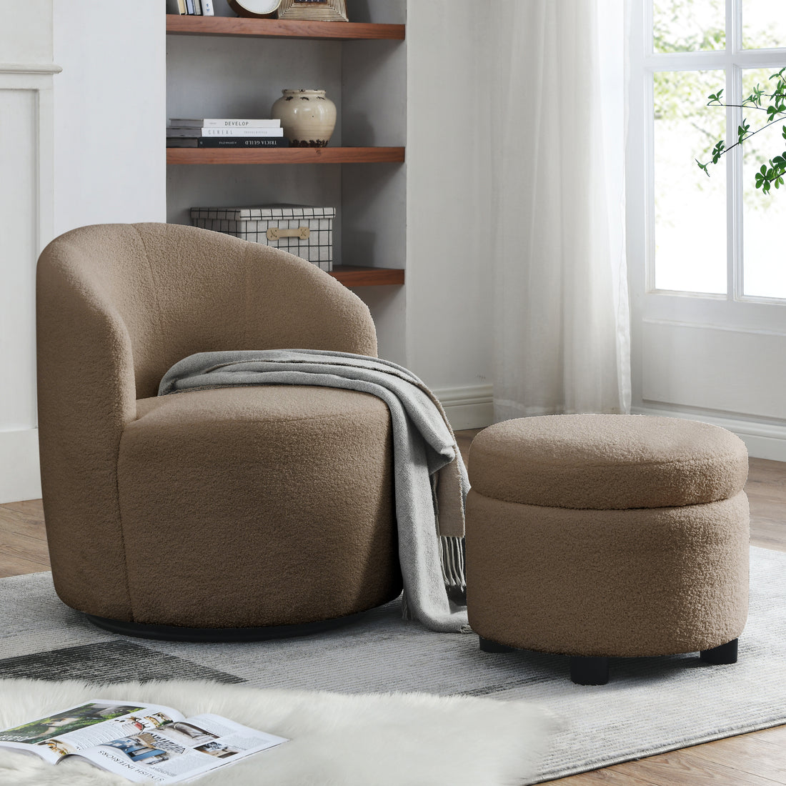 Video Welike Swivel Barrel Chair, Living Room Swivel Chair With Round Storage Chair, 360 Swivel Club Chair, Nursery, Bedroom, Office, Hotel With Upholstered Modern Armchair, Teddy Fabric Coffee Foam Fabric