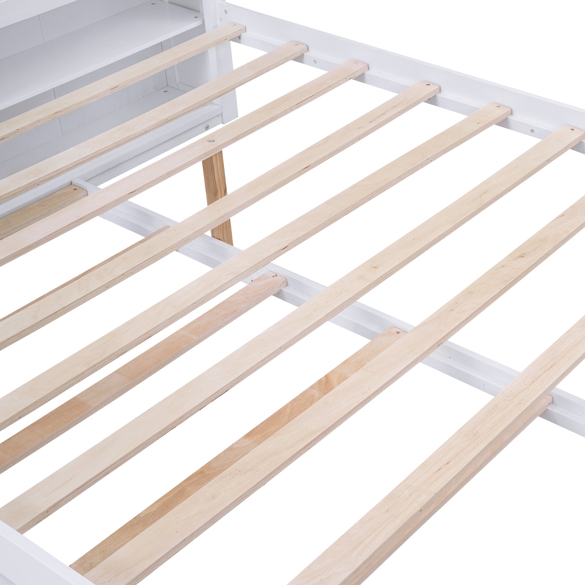 Queen Size Storage Platform Bed With Pull Out Shelves And Twin Xl Size Trundle, White White Solid Wood Mdf