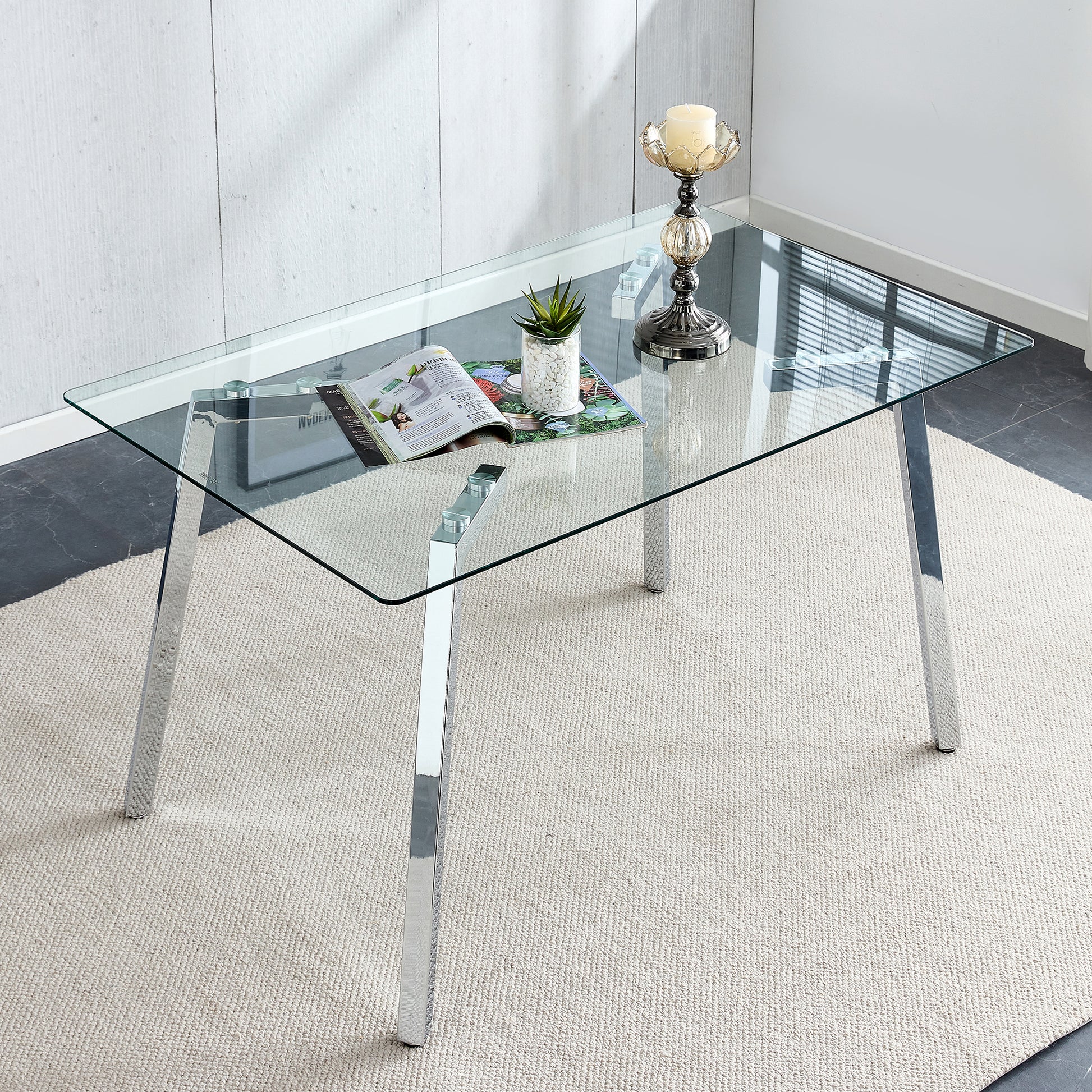 Glass Dining Table Modern Minimalist Rectangular For 4 6 With 0.31" Tempered Glass Tabletop And Plating Metal Legs, Writing Table Desk, For Kitchen Dining Living Room, 51" W X 31"D X 30" H 1123 Transparent Glass